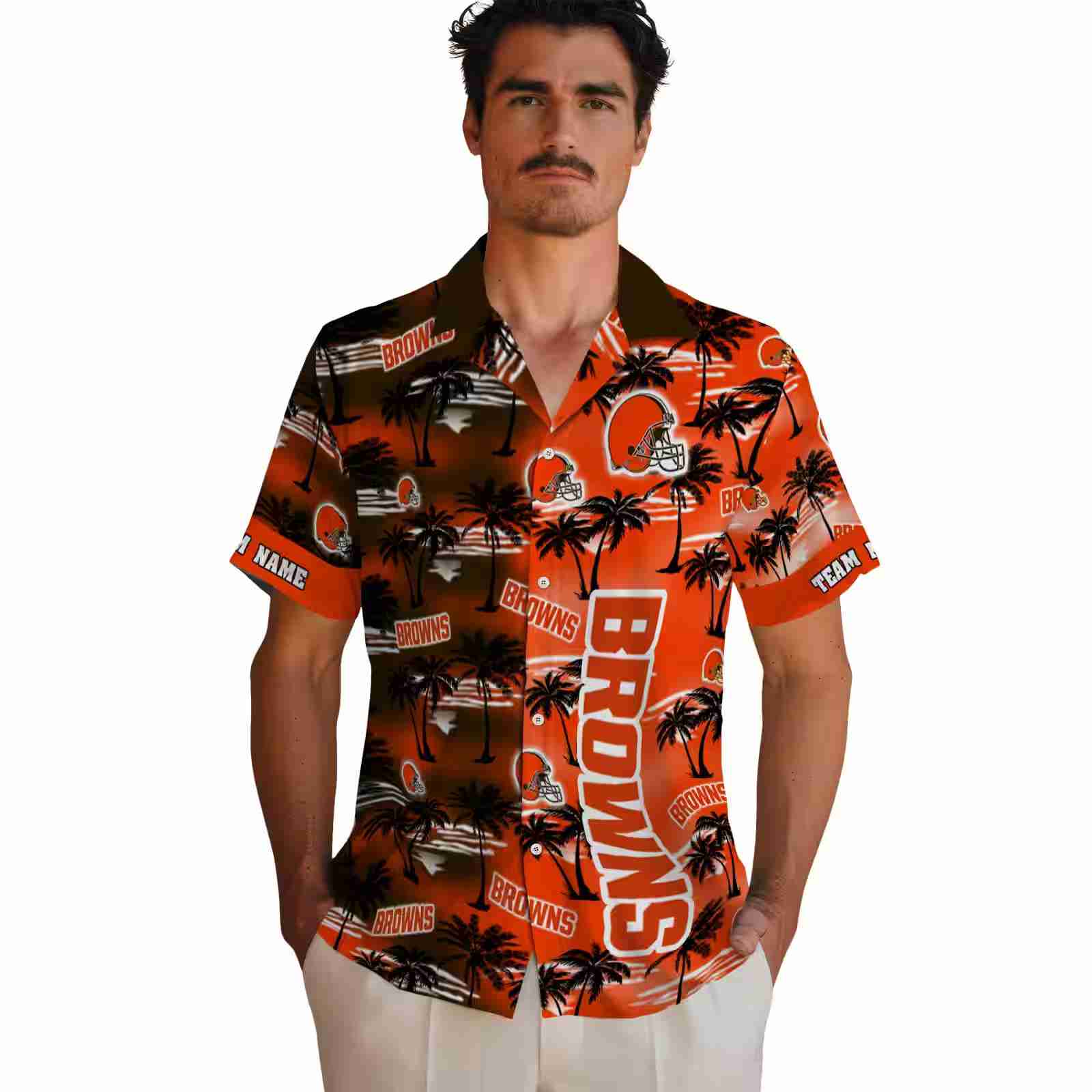 personalized cleveland browns palm silhouettes brown hawaiian shirt fashion forward