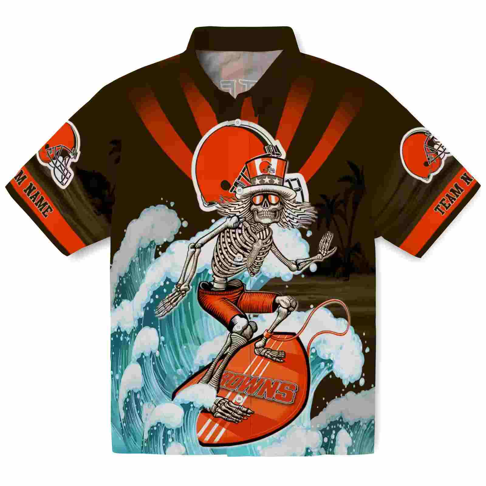 Personalized Cleveland Browns Surfing Skeleton Brown Blue Hawaiian Shirt