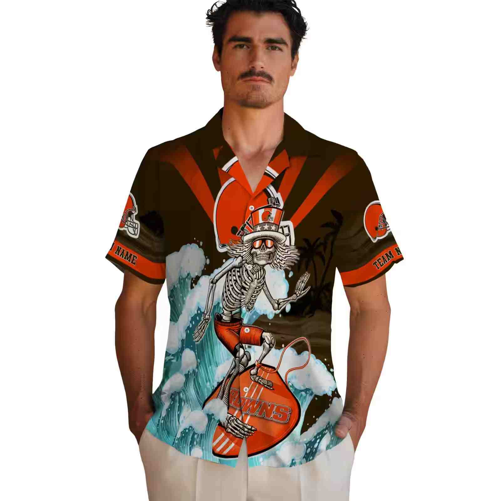 personalized cleveland browns surfing skeleton brown blue hawaiian shirt fashion forward