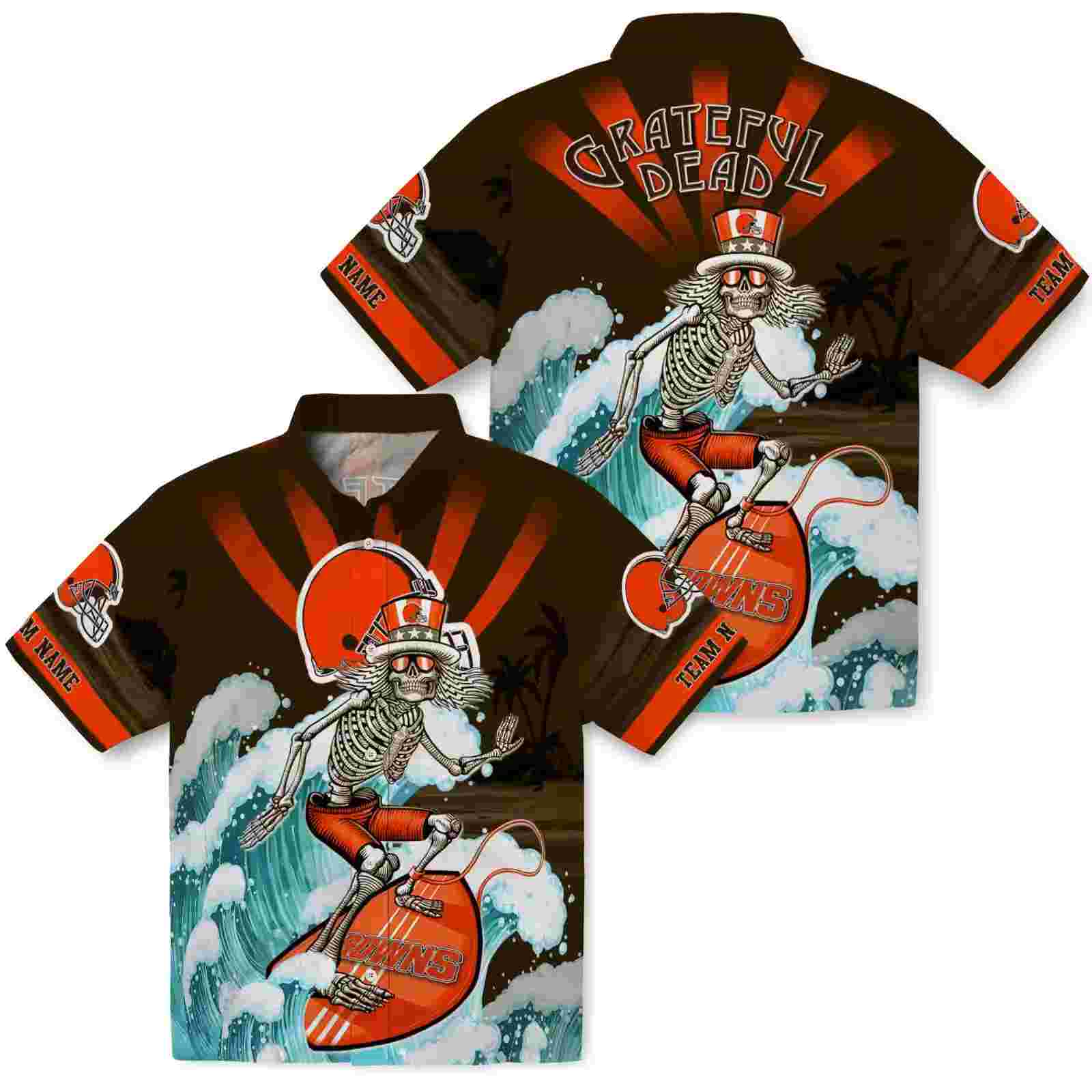 personalized cleveland browns surfing skeleton brown blue hawaiian shirt high quality