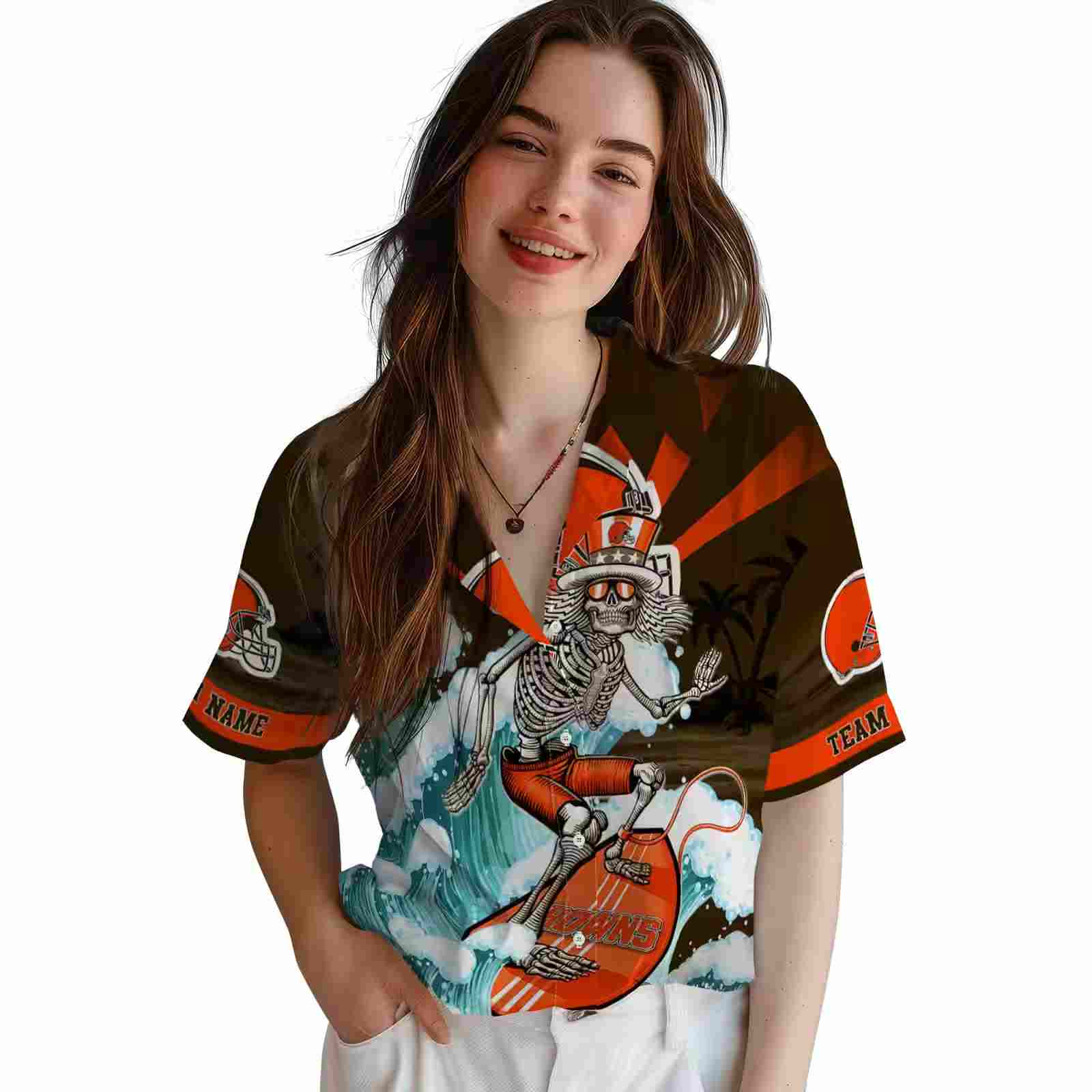 personalized cleveland browns surfing skeleton brown blue hawaiian shirt latest model