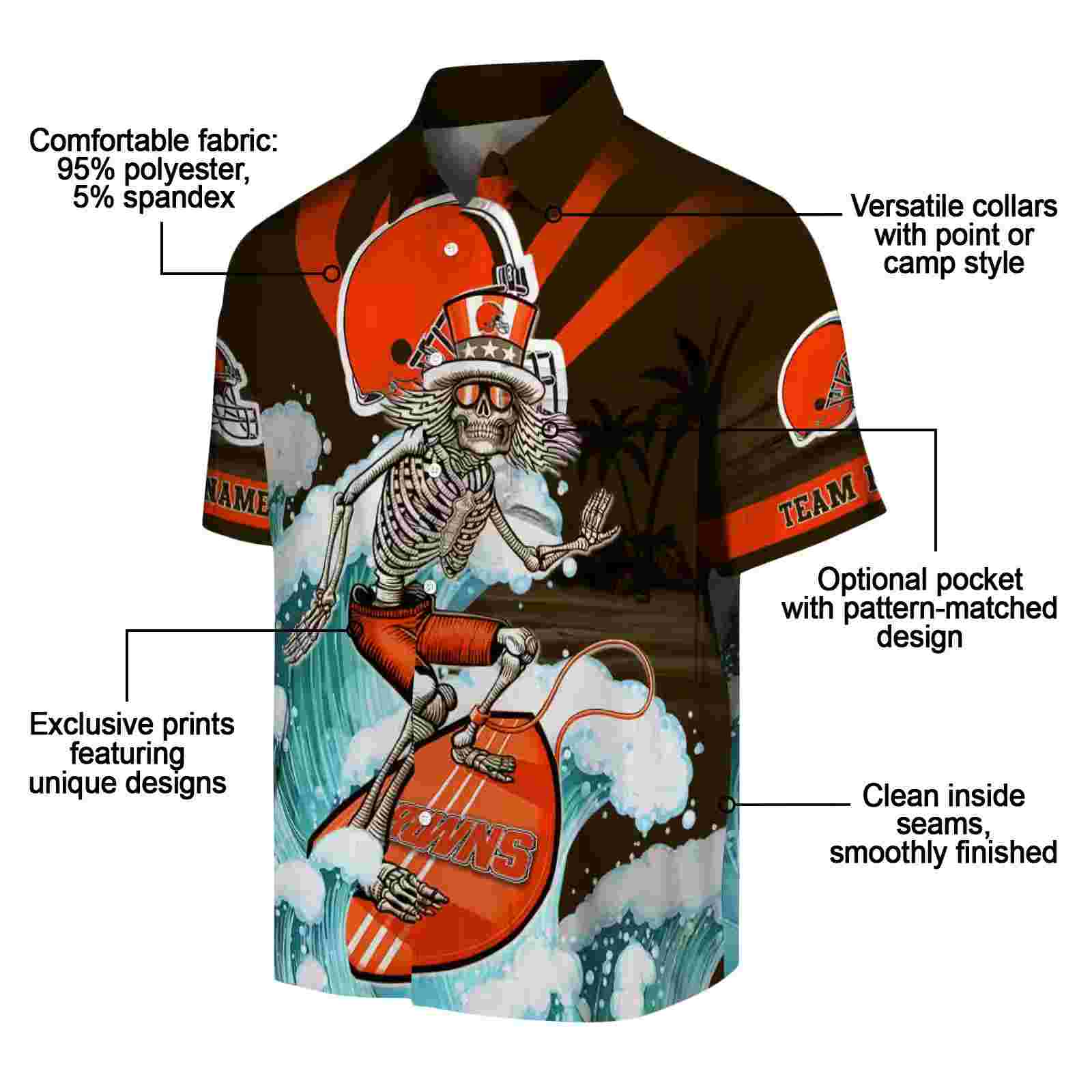 personalized cleveland browns surfing skeleton brown blue hawaiian shirt new arrival