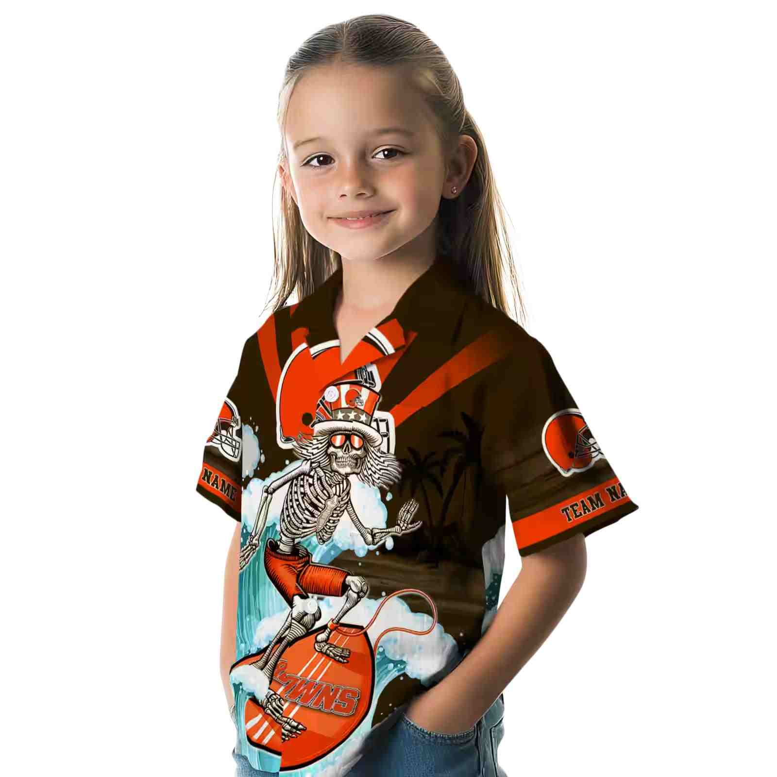 personalized cleveland browns surfing skeleton brown blue hawaiian shirt premium grade