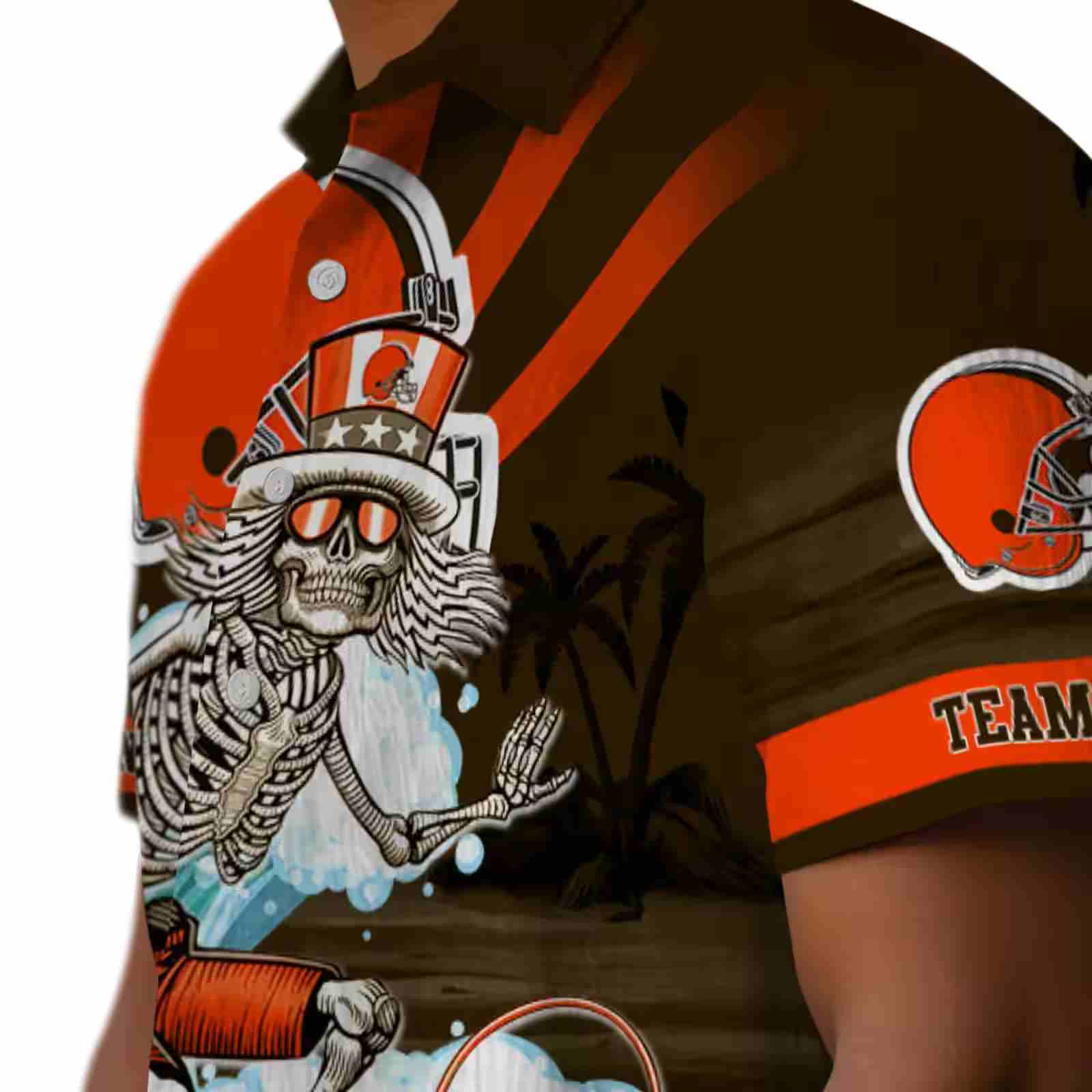 personalized cleveland browns surfing skeleton brown blue hawaiian shirt trendy