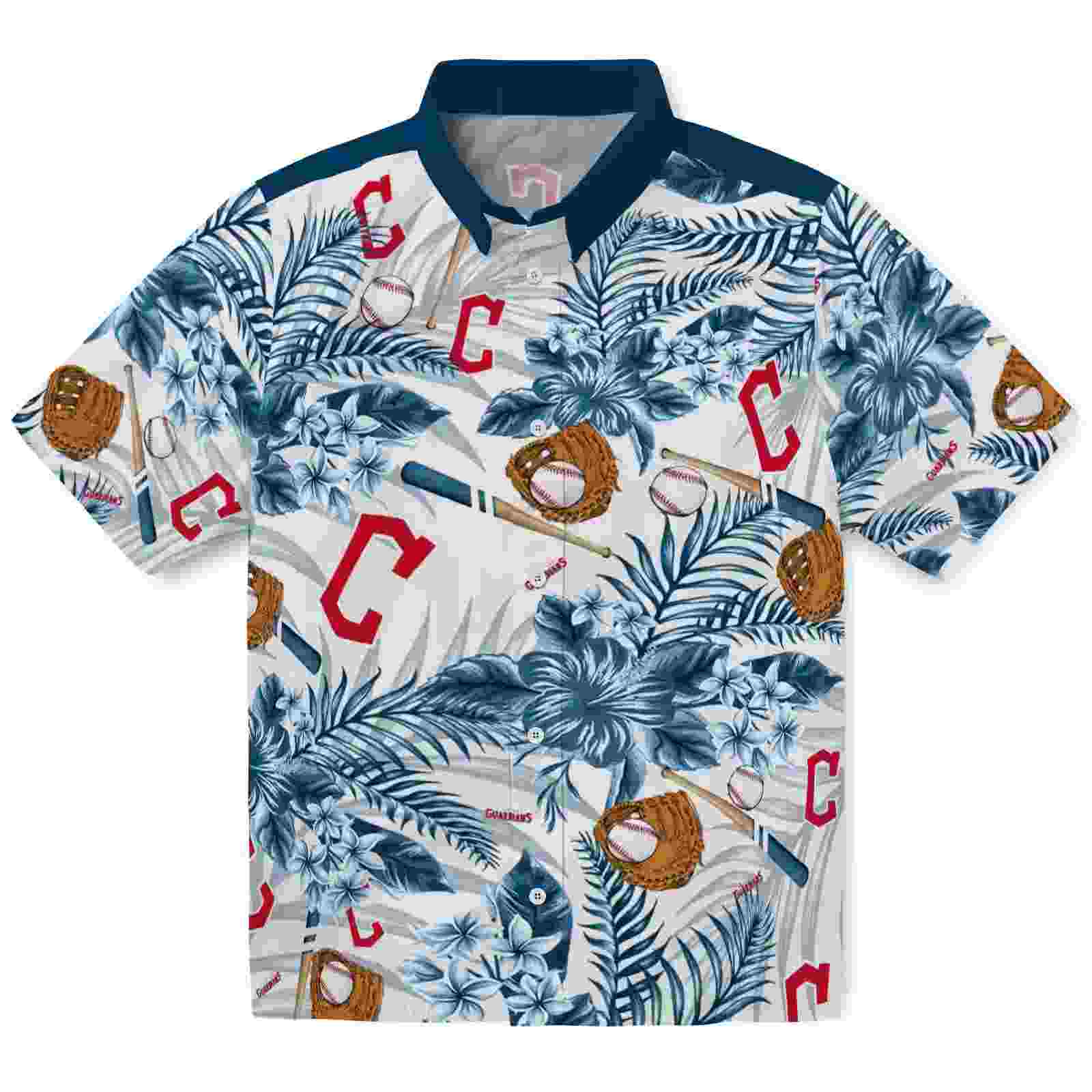 Personalized Cleveland Guardians Floral Baseball Navy Blue White Hawaiian Shirt