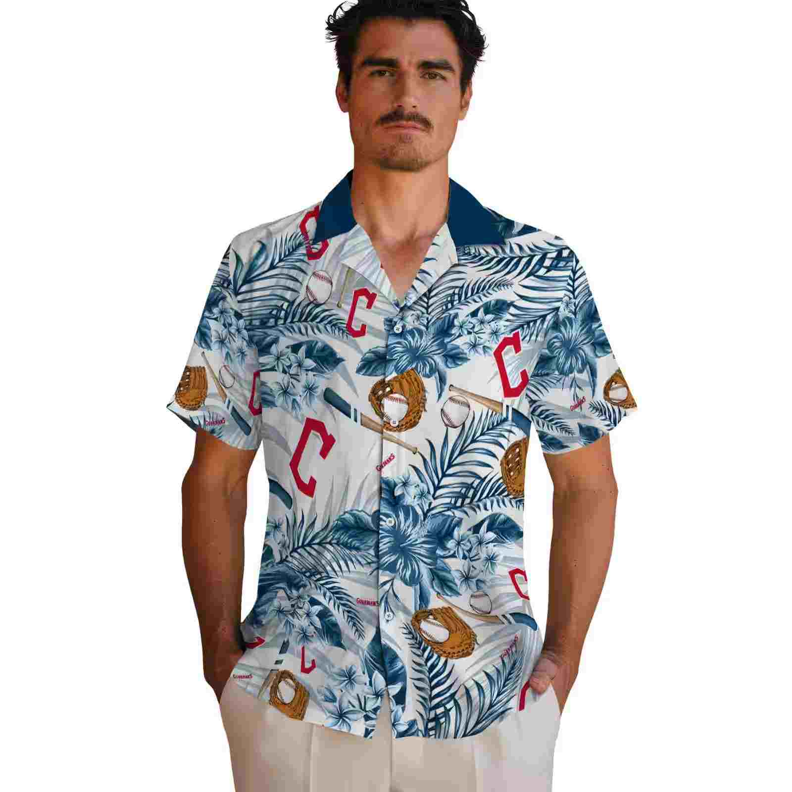 personalized cleveland guardians floral baseball navy blue white hawaiian shirt fashion forward