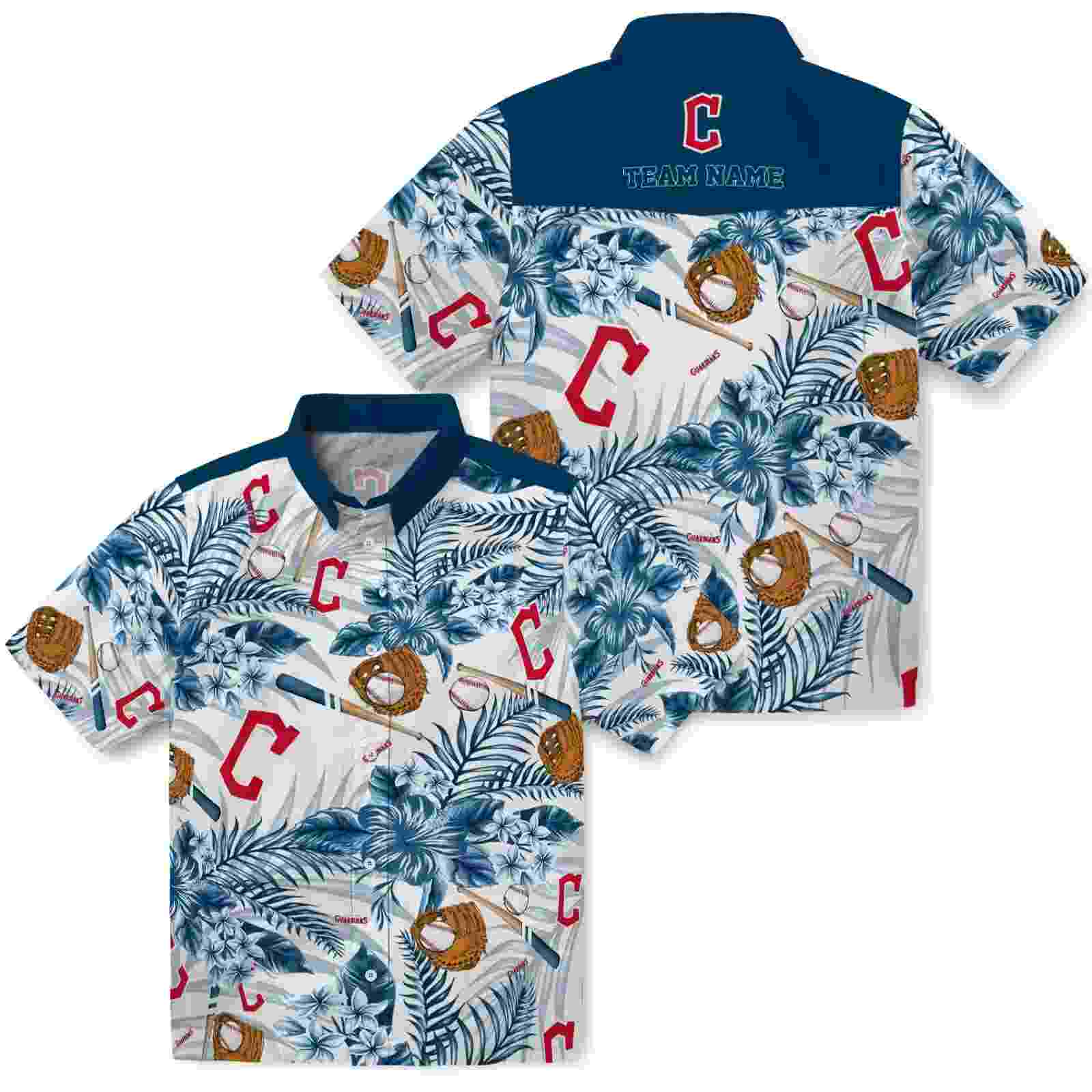 personalized cleveland guardians floral baseball navy blue white hawaiian shirt high quality