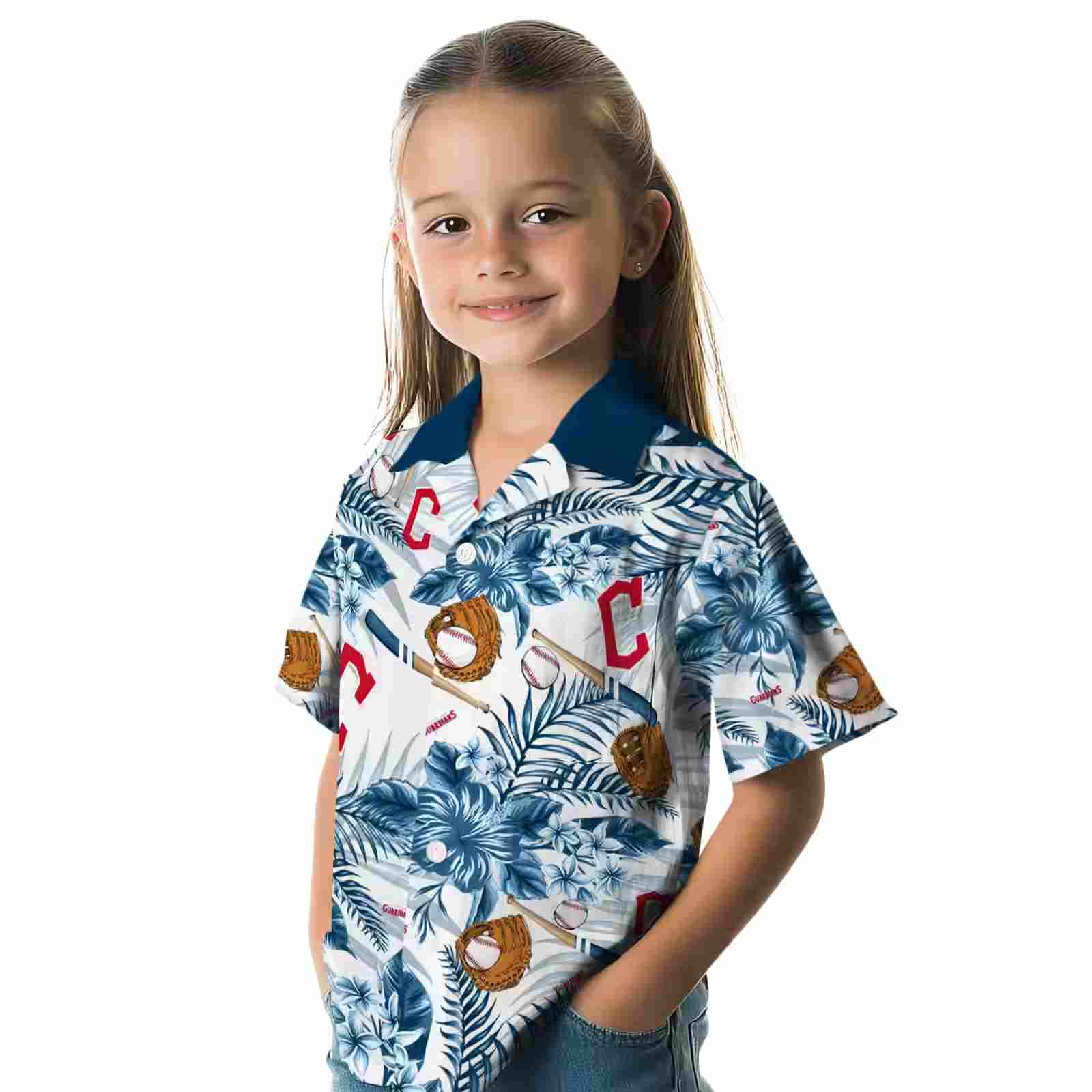 personalized cleveland guardians floral baseball navy blue white hawaiian shirt premium grade