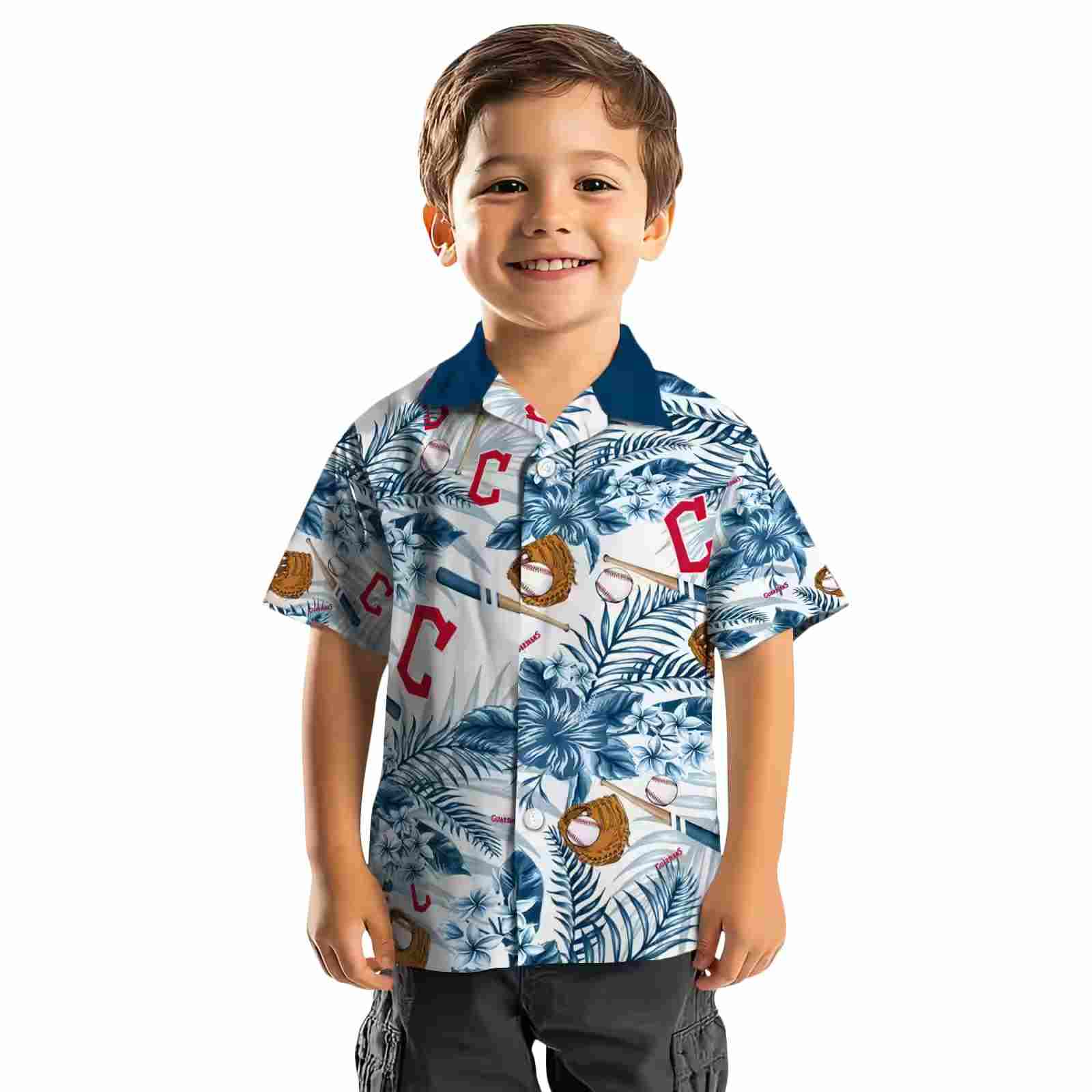 personalized cleveland guardians floral baseball navy blue white hawaiian shirt top rated