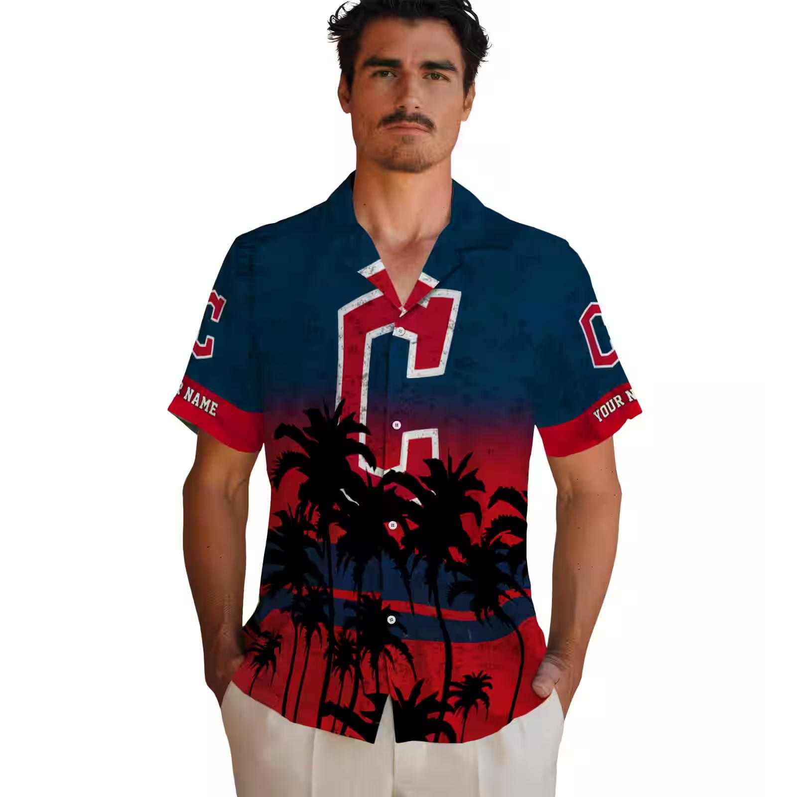 personalized cleveland guardians sunset pattern navy blue black hawaiian shirt fashion forward