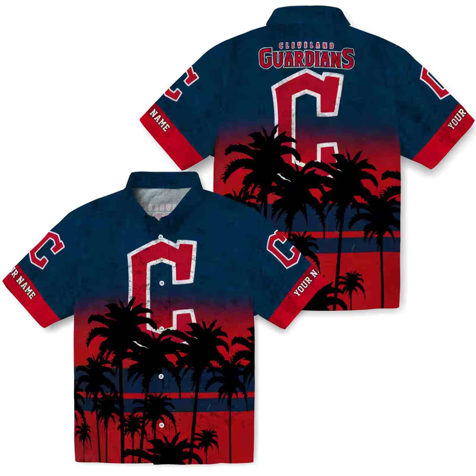 personalized cleveland guardians sunset pattern navy blue black hawaiian shirt high quality