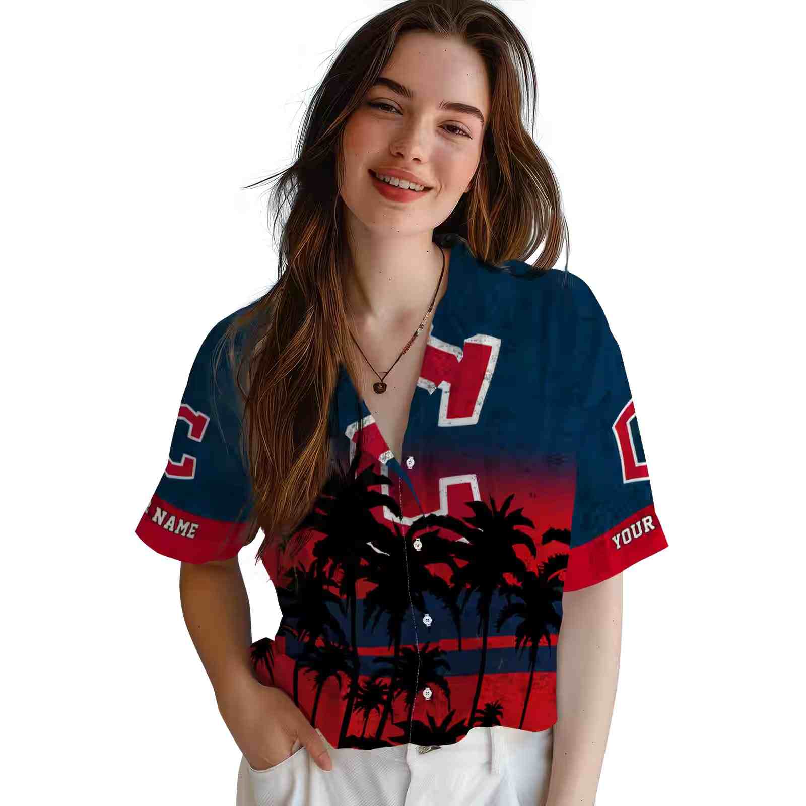 personalized cleveland guardians sunset pattern navy blue black hawaiian shirt latest model