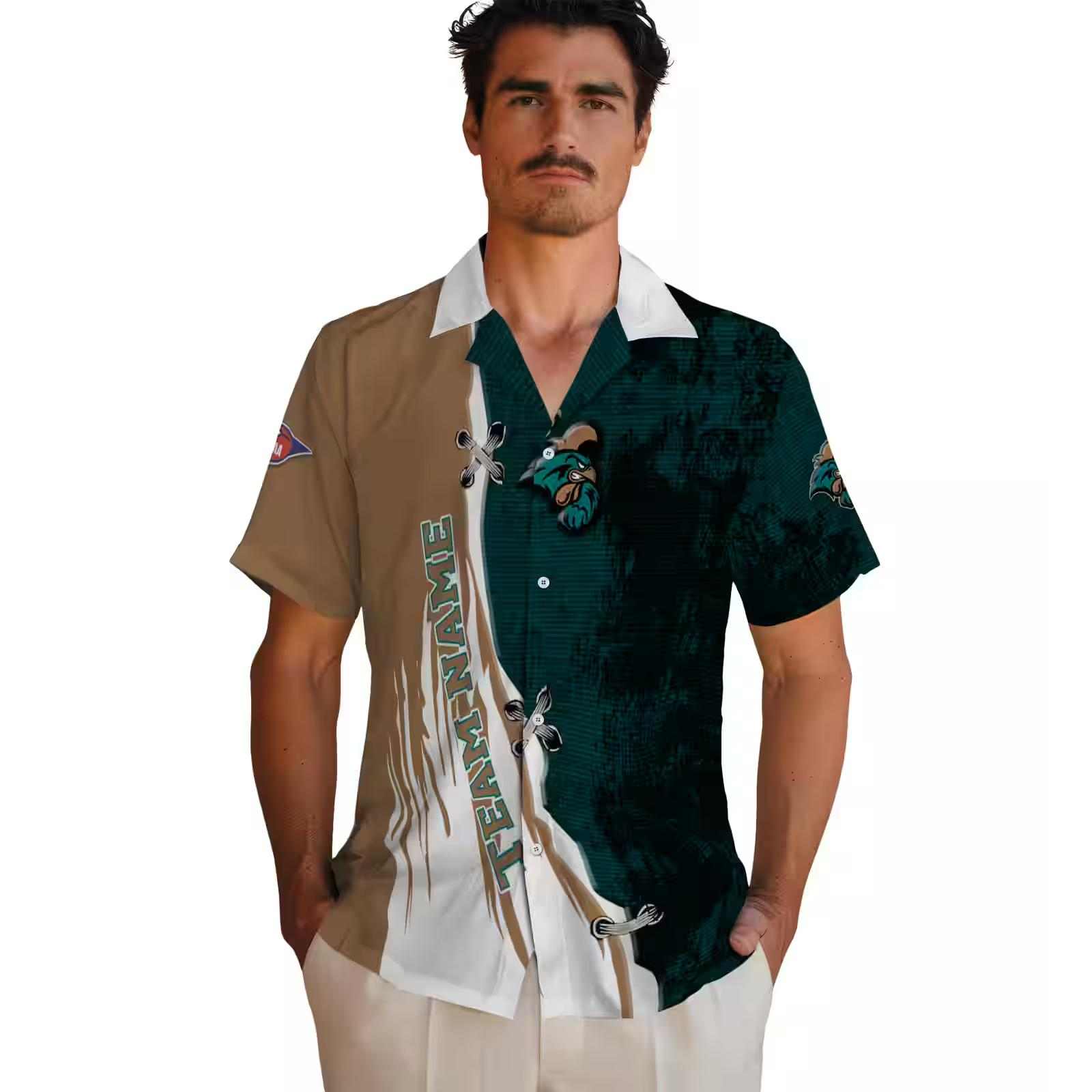 personalized coastal carolina chanticleers edgy streaks green white hawaiian shirt fashion forward