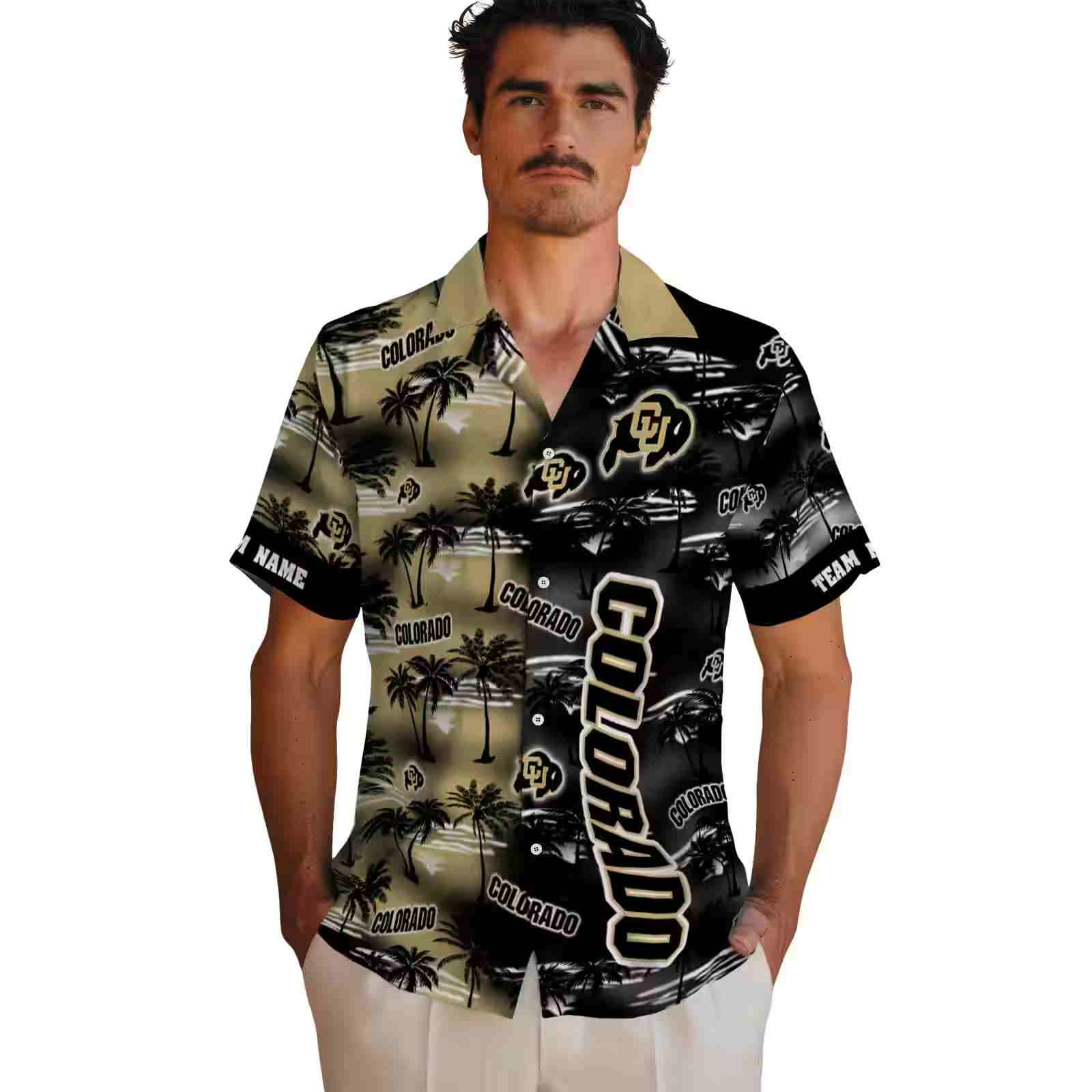 personalized colorado buffaloes palm silhouettes gold hawaiian shirt fashion forward