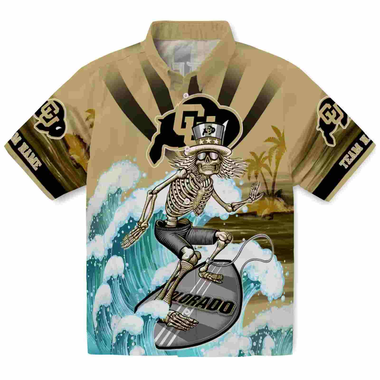 Personalized Colorado Buffaloes Surfing Skeleton Gold Blue Hawaiian Shirt