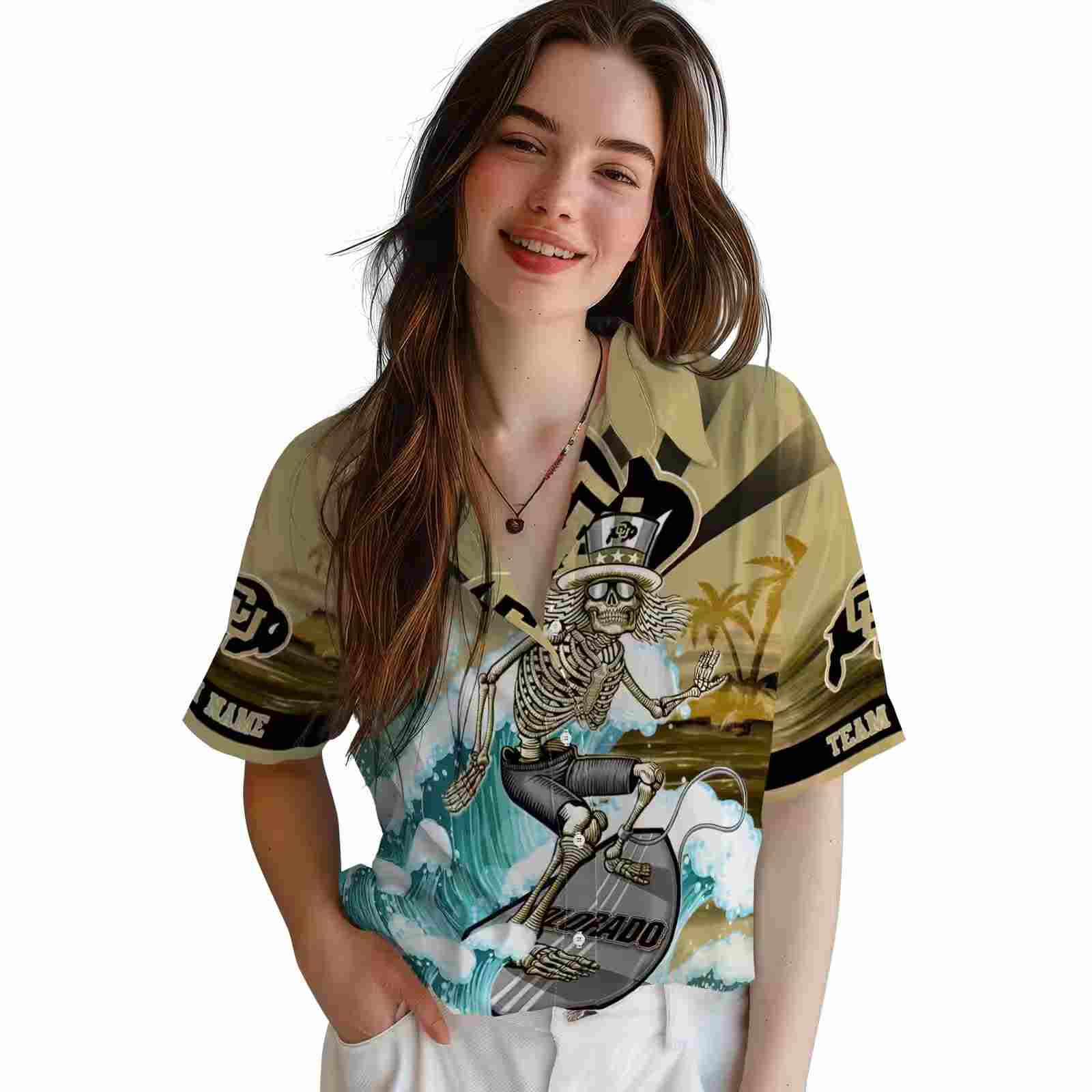 personalized colorado buffaloes surfing skeleton gold blue hawaiian shirt latest model