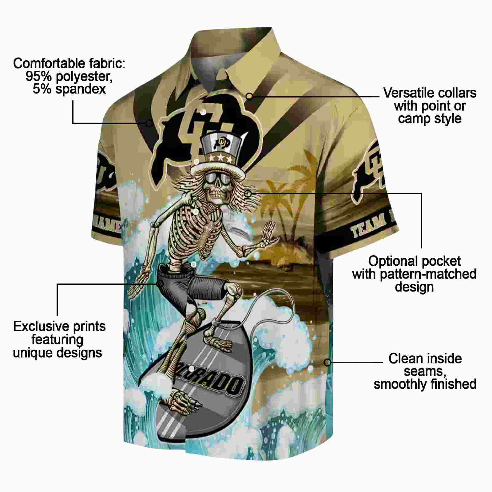 personalized colorado buffaloes surfing skeleton gold blue hawaiian shirt new arrival