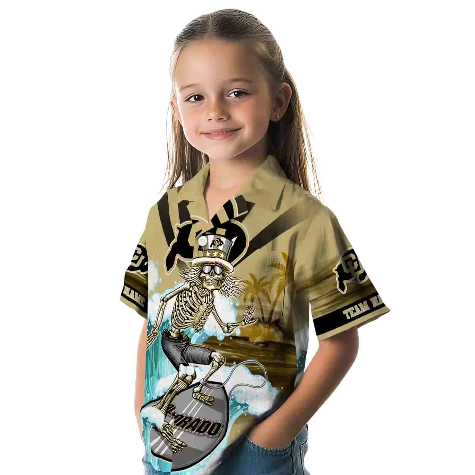 personalized colorado buffaloes surfing skeleton gold blue hawaiian shirt premium grade