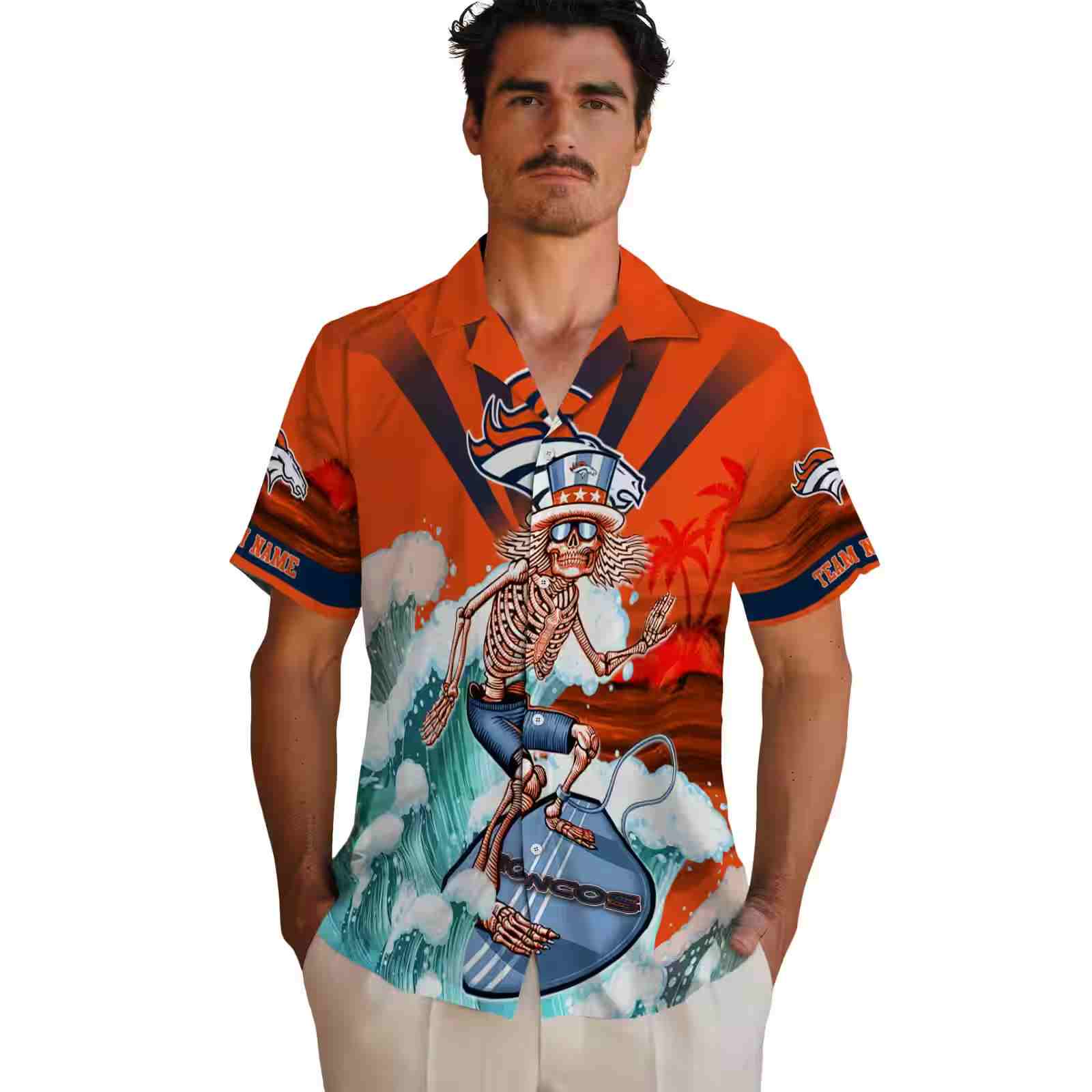 personalized denver broncos surfing skeleton orange blue hawaiian shirt fashion forward