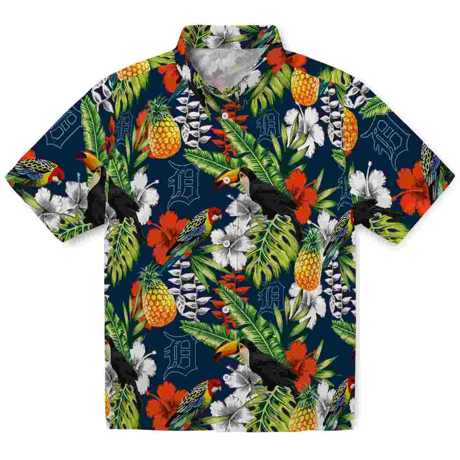 Personalized Detroit Tigers Tropical Toucan Navy Green Hawaiian Shirt