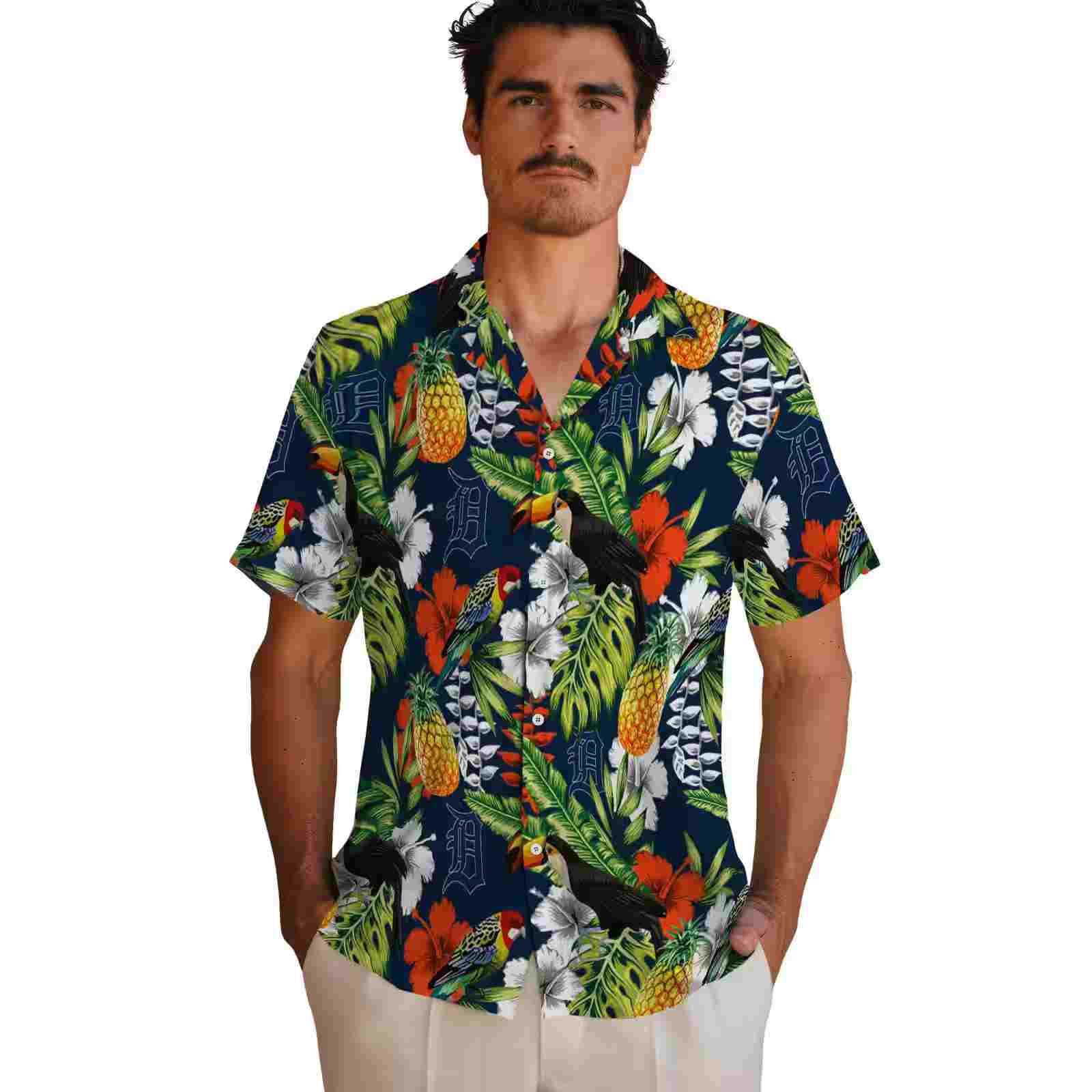 personalized detroit tigers tropical toucan navy green hawaiian shirt fashion forward