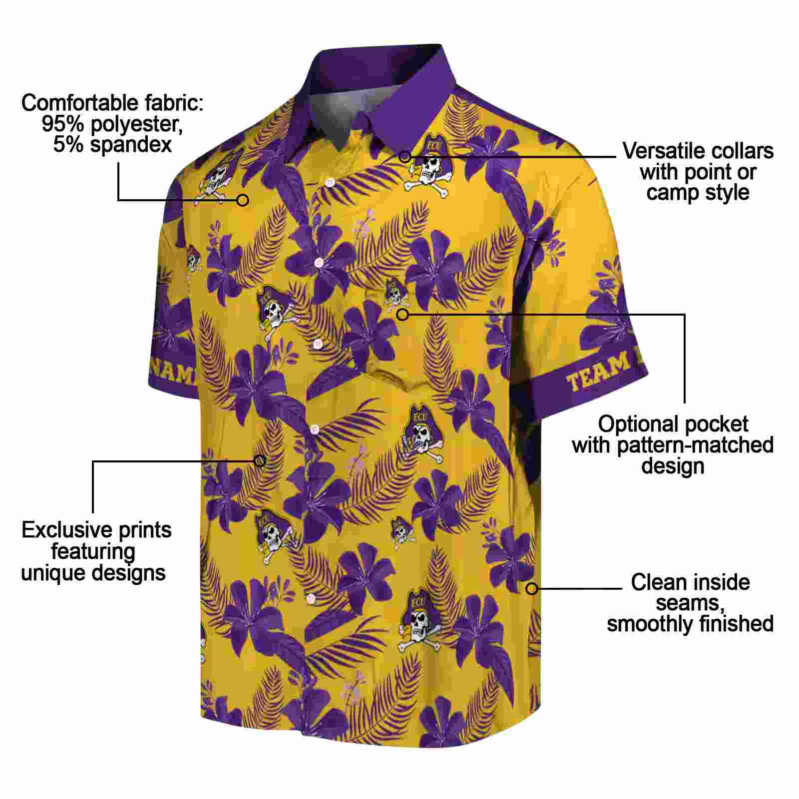 personalized east carolina pirates botanical print gold hawaiian shirt new arrival