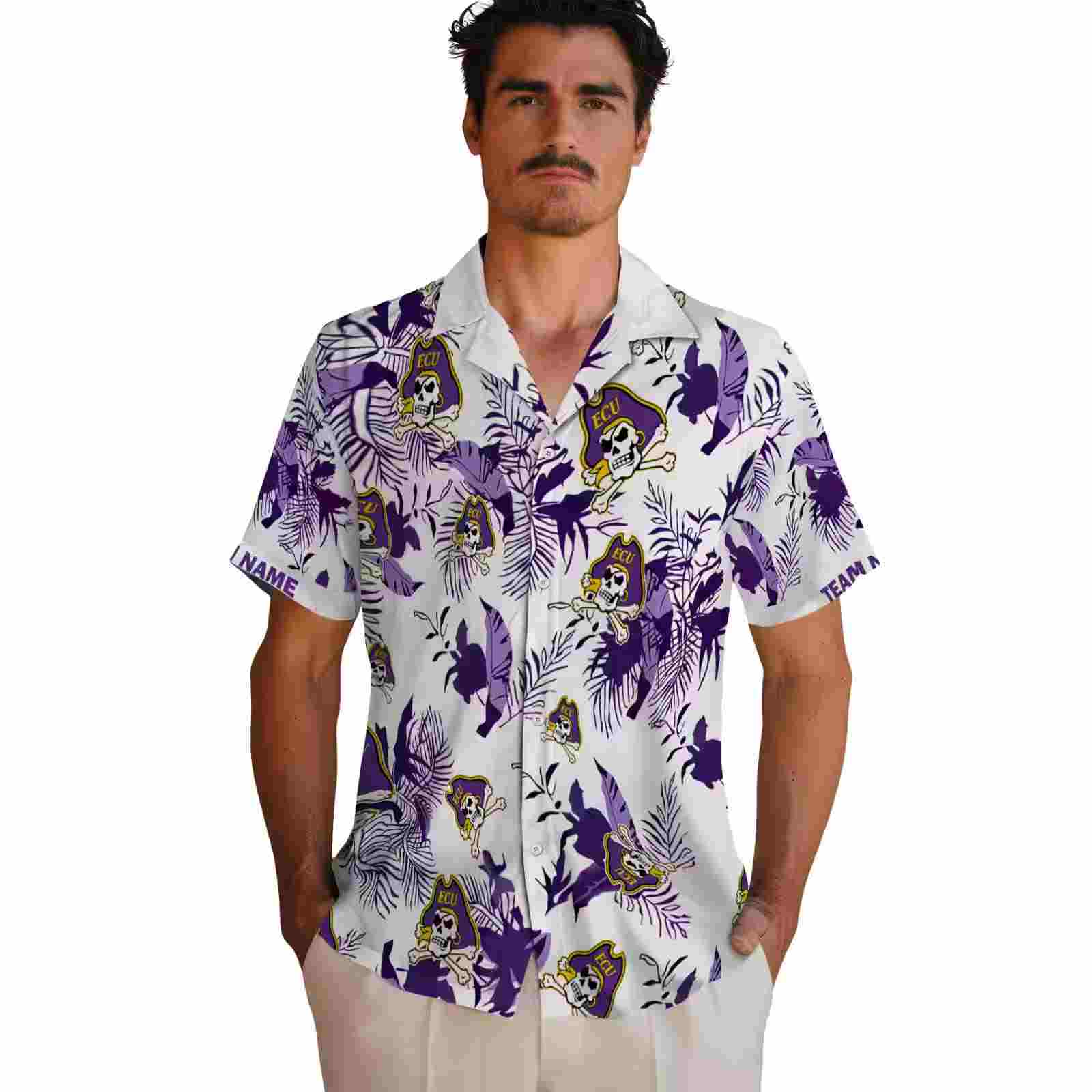 personalized east carolina pirates botanical theme purple white hawaiian shirt fashion forward