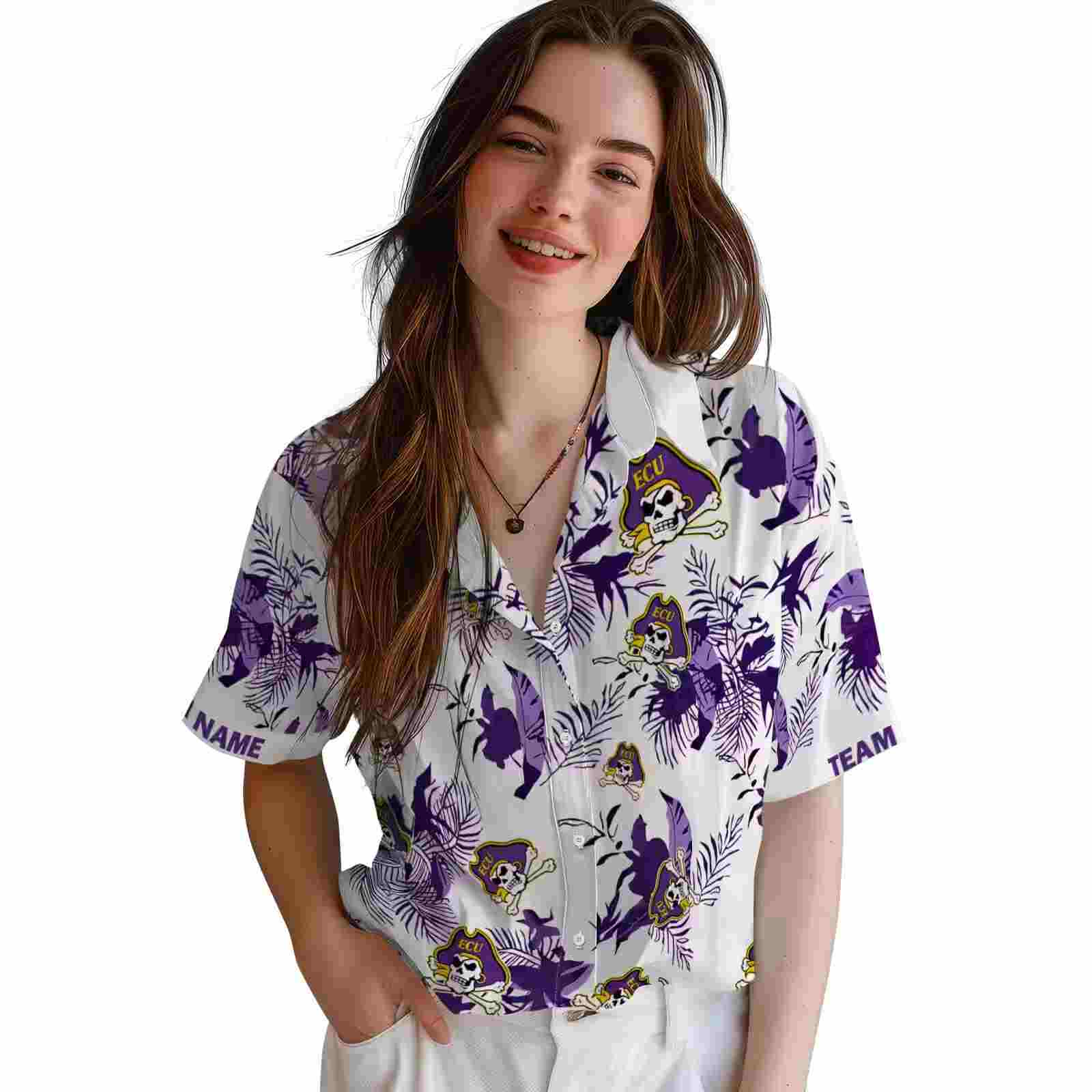 personalized east carolina pirates botanical theme purple white hawaiian shirt latest model