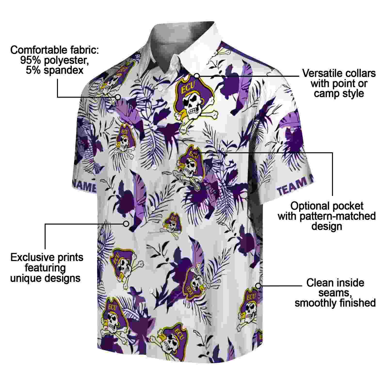 personalized east carolina pirates botanical theme purple white hawaiian shirt new arrival