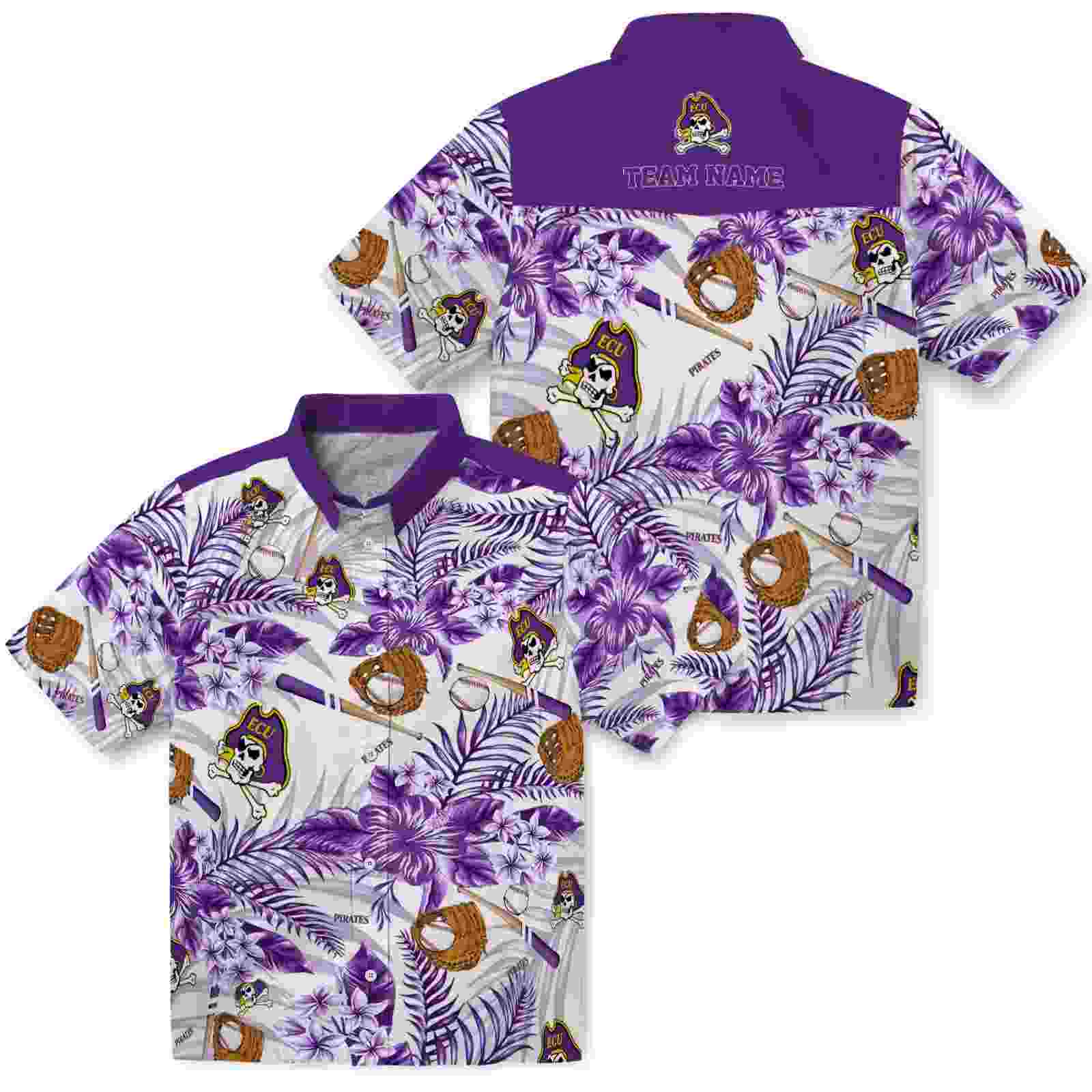 personalized east carolina pirates floral baseball purple white hawaiian shirt high quality