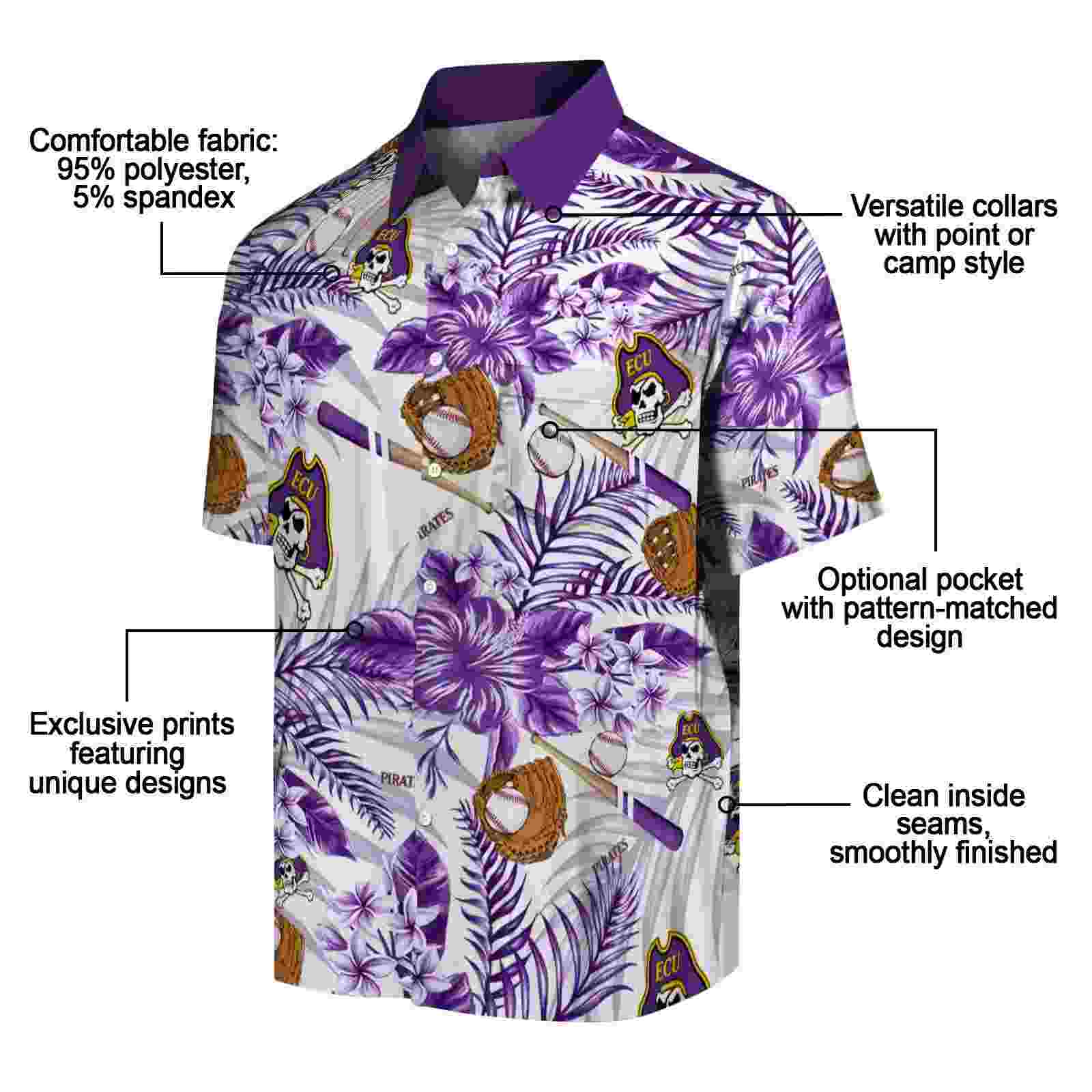 personalized east carolina pirates floral baseball purple white hawaiian shirt new arrival