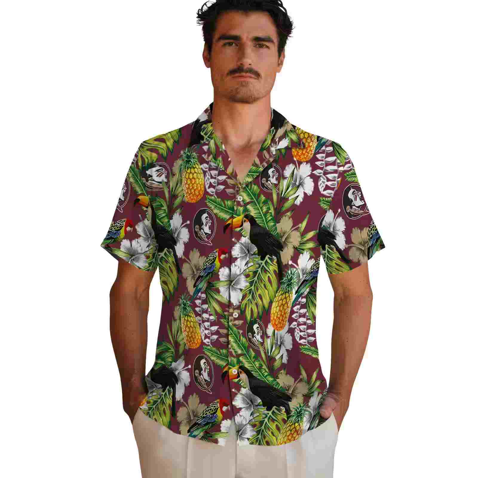 personalized florida state seminoles tropical toucan garnet green hawaiian shirt fashion forward