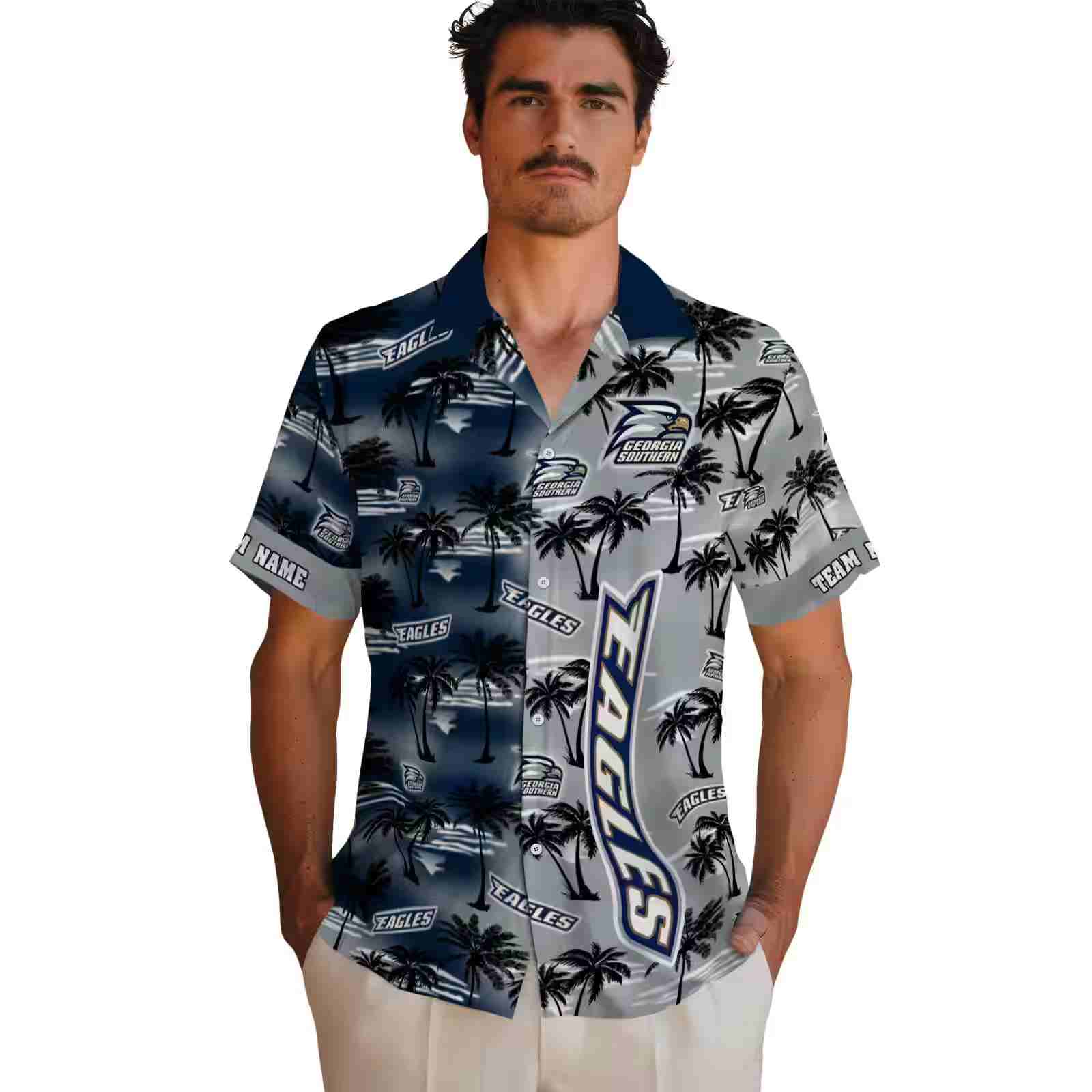 personalized georgia southern eagles palm silhouettes blue hawaiian shirt fashion forward