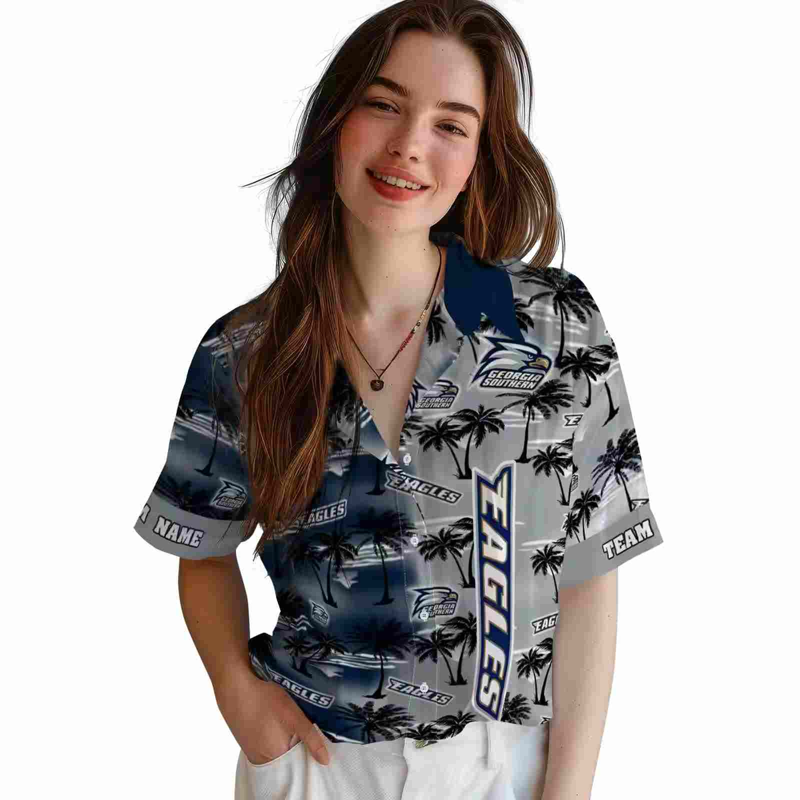 personalized georgia southern eagles palm silhouettes blue hawaiian shirt latest model