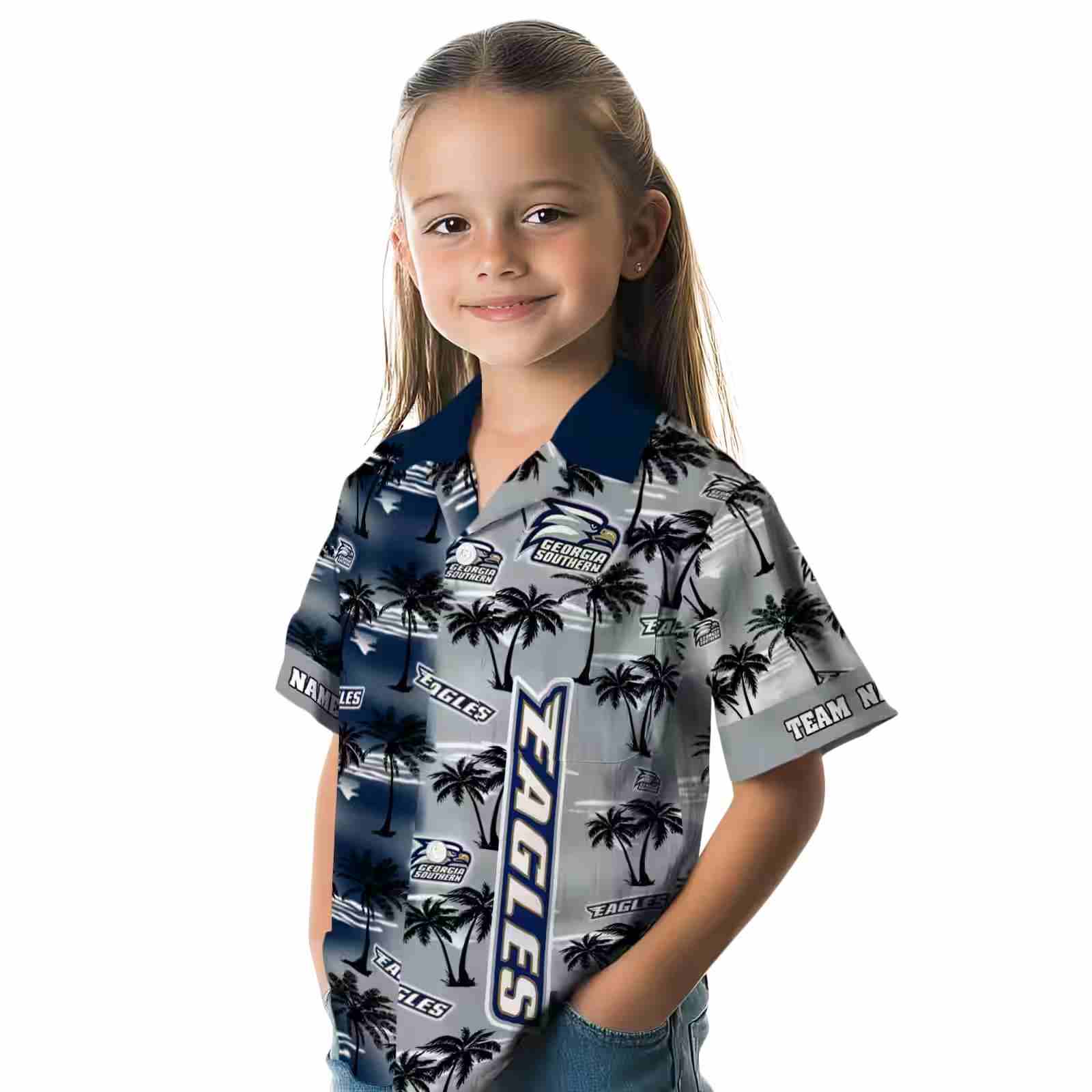 personalized georgia southern eagles palm silhouettes blue hawaiian shirt premium grade