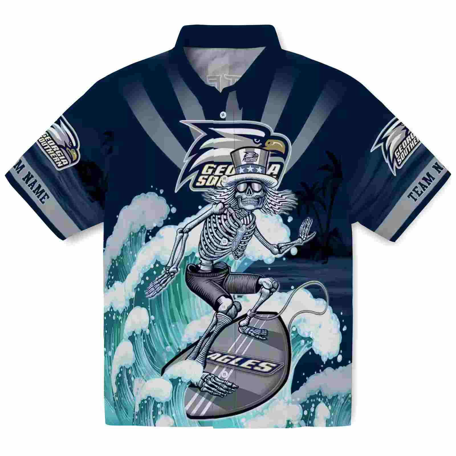 Personalized Georgia Southern Eagles Surfing Skeleton Blue Hawaiian Shirt