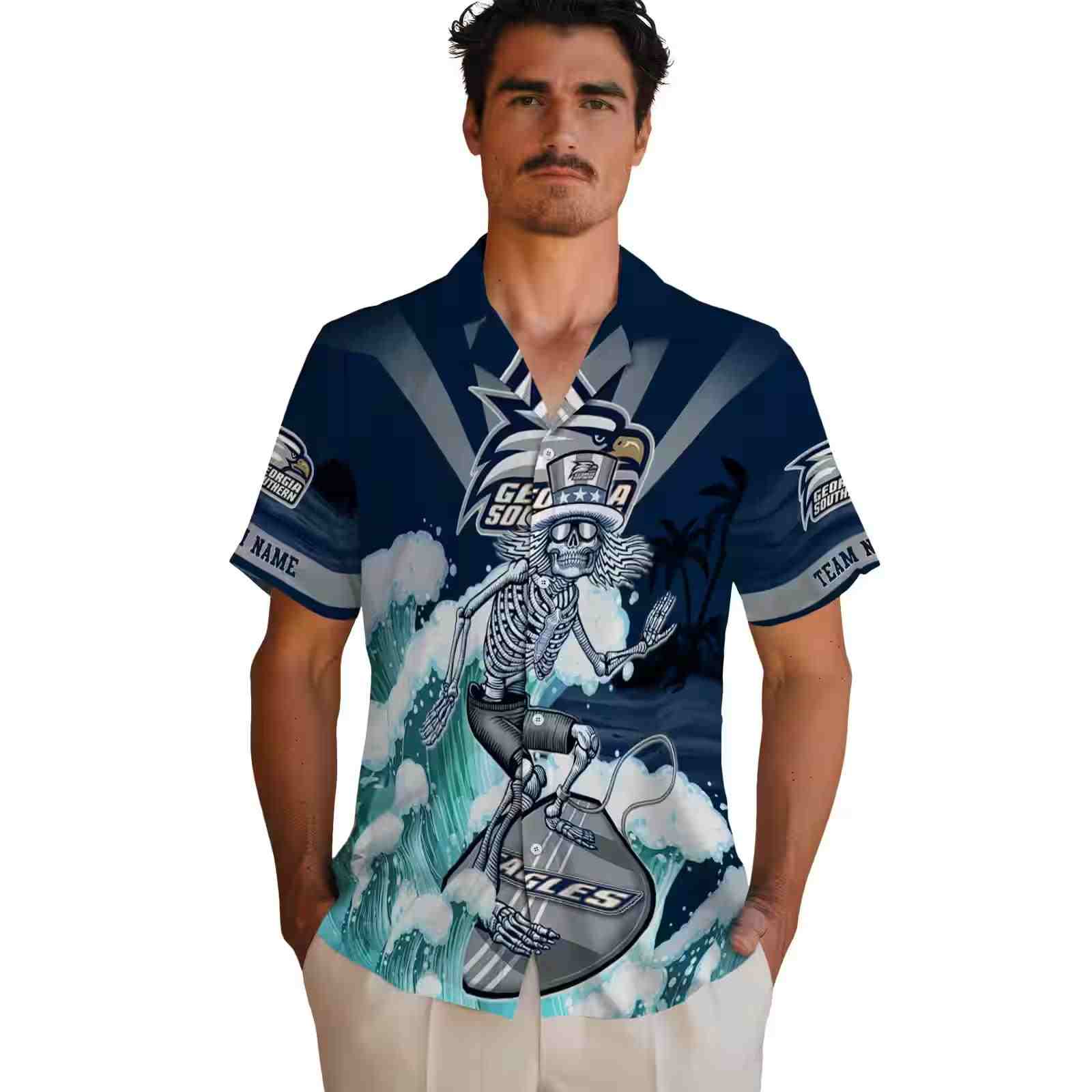 personalized georgia southern eagles surfing skeleton blue hawaiian shirt fashion forward