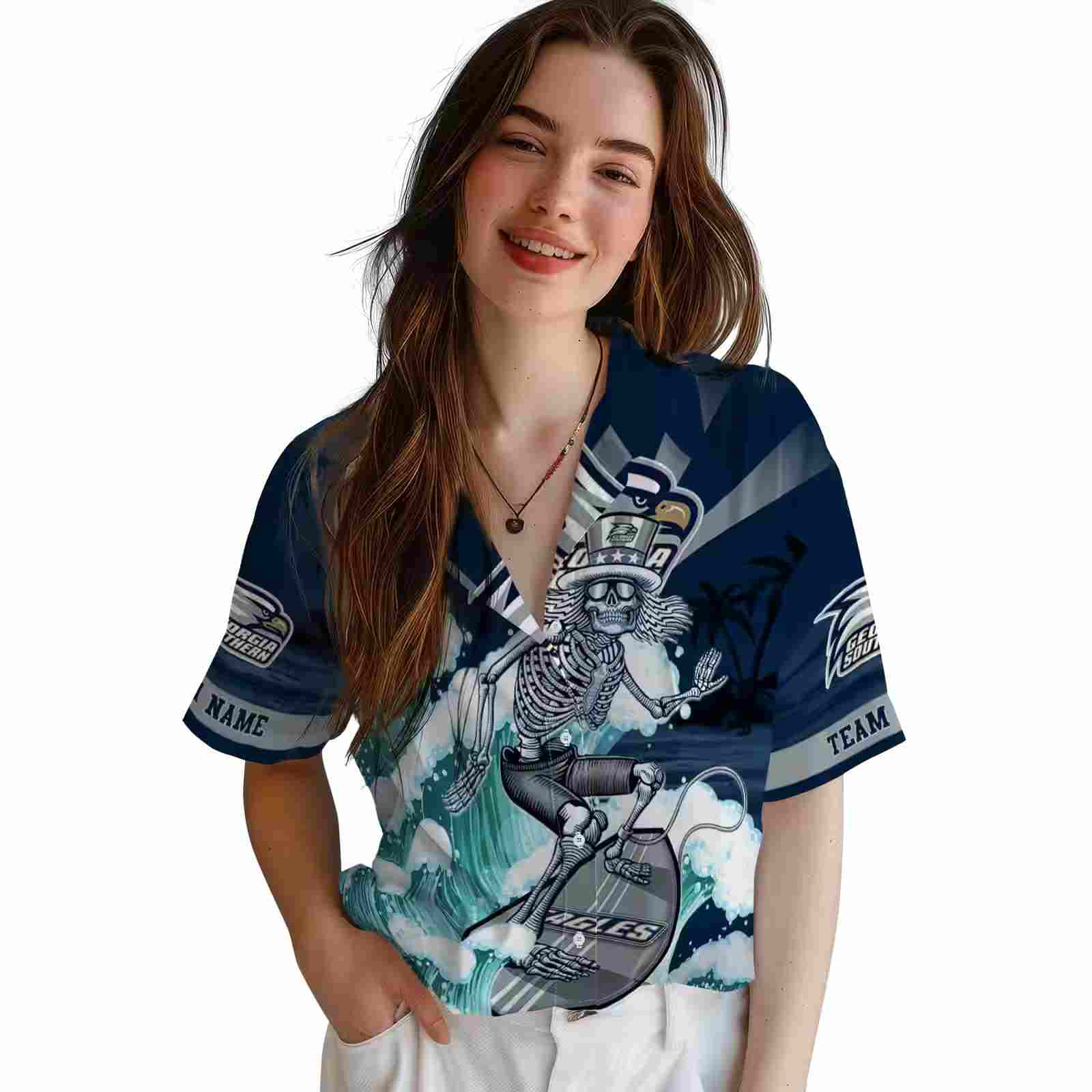 personalized georgia southern eagles surfing skeleton blue hawaiian shirt latest model