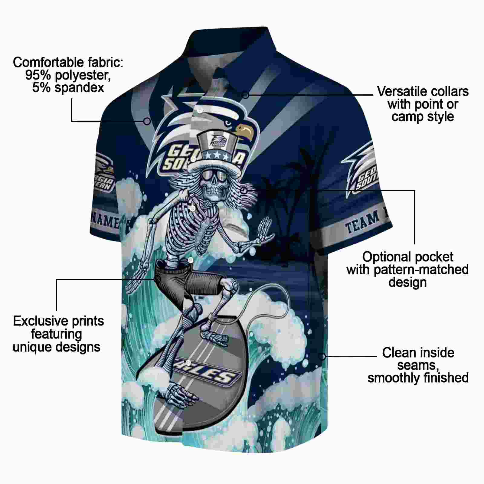 personalized georgia southern eagles surfing skeleton blue hawaiian shirt new arrival