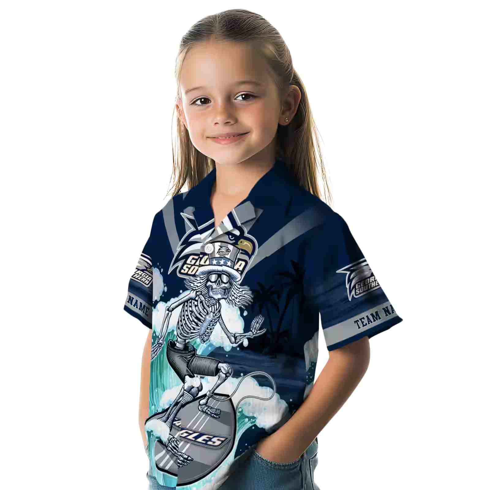 personalized georgia southern eagles surfing skeleton blue hawaiian shirt premium grade