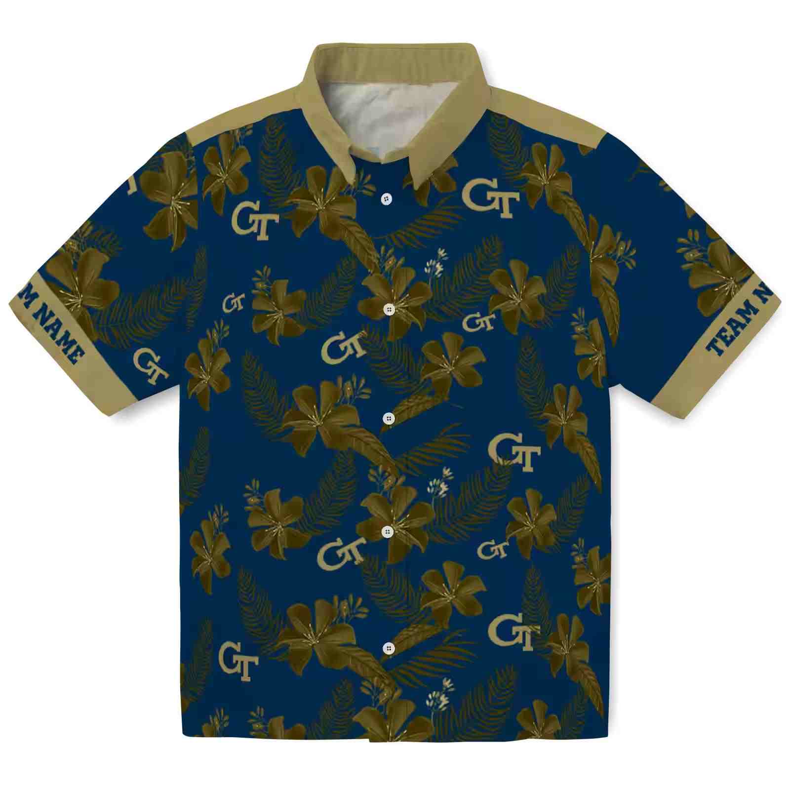 Personalized Georgia Tech Yellow Jackets Botanical Print Blue Hawaiian Shirt