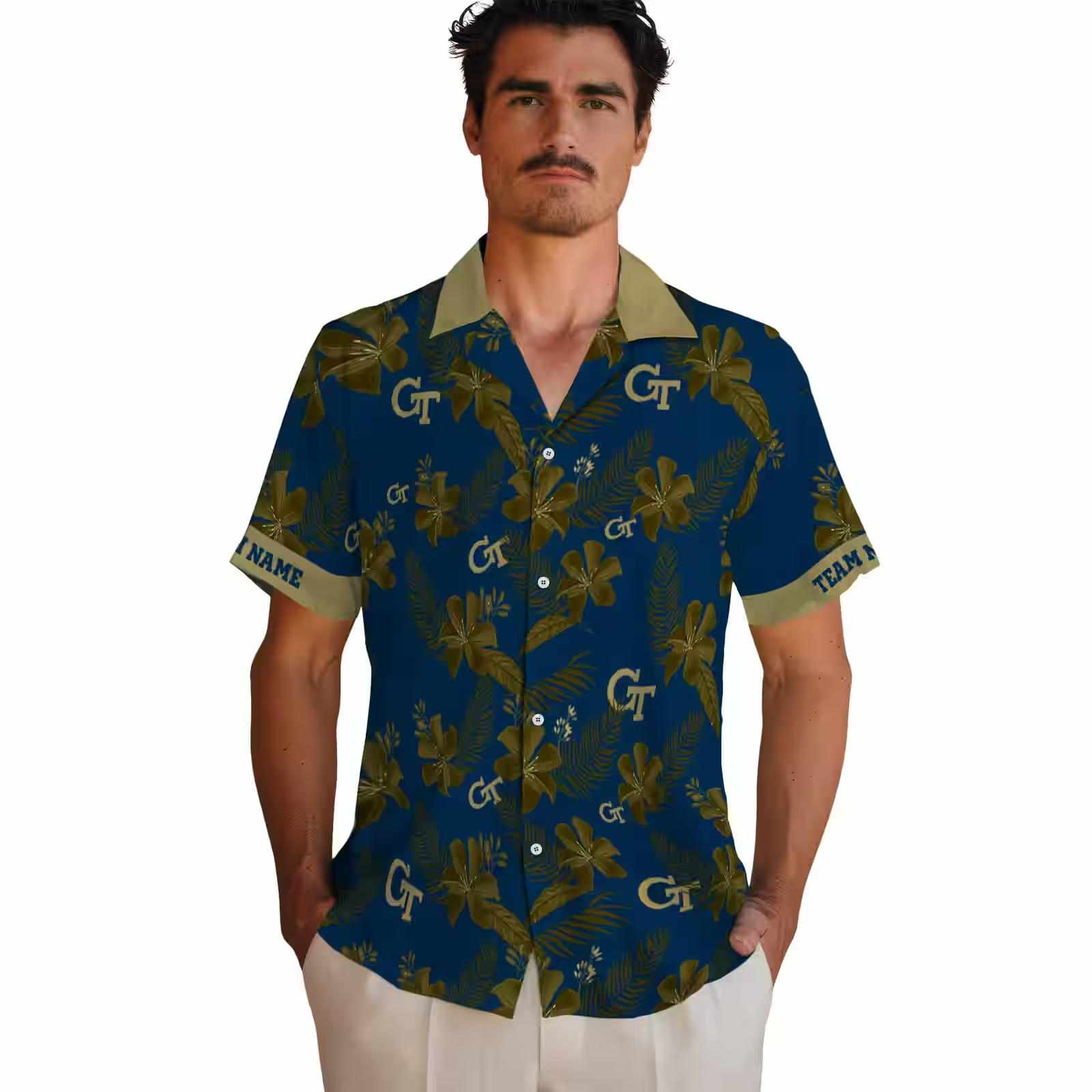 personalized georgia tech yellow jackets botanical print blue hawaiian shirt fashion forward