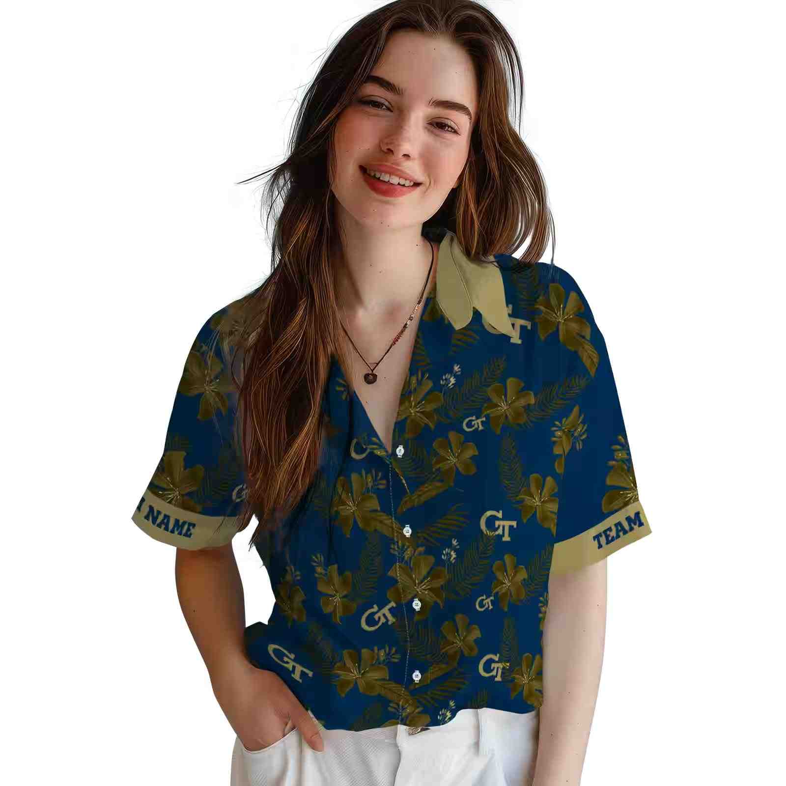 personalized georgia tech yellow jackets botanical print blue hawaiian shirt latest model