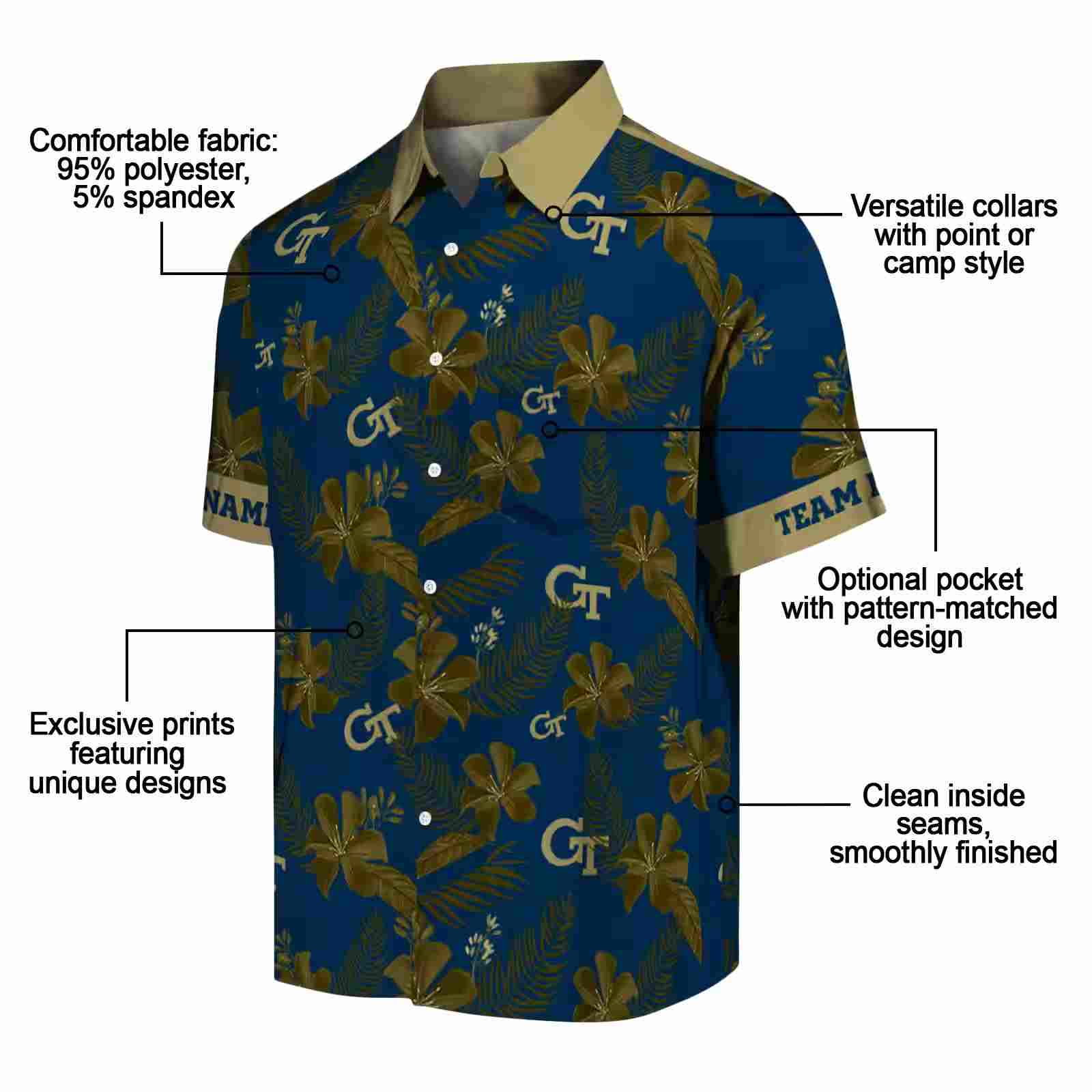 personalized georgia tech yellow jackets botanical print blue hawaiian shirt new arrival