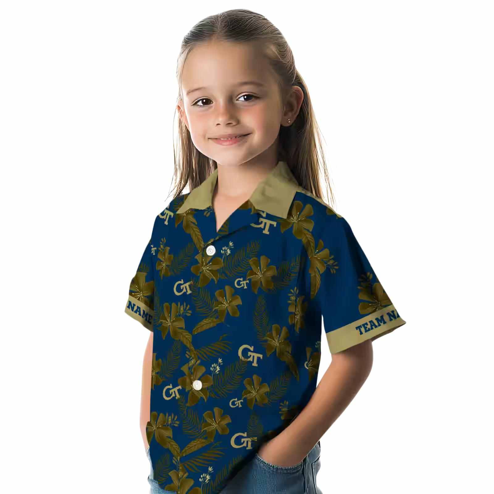 personalized georgia tech yellow jackets botanical print blue hawaiian shirt premium grade