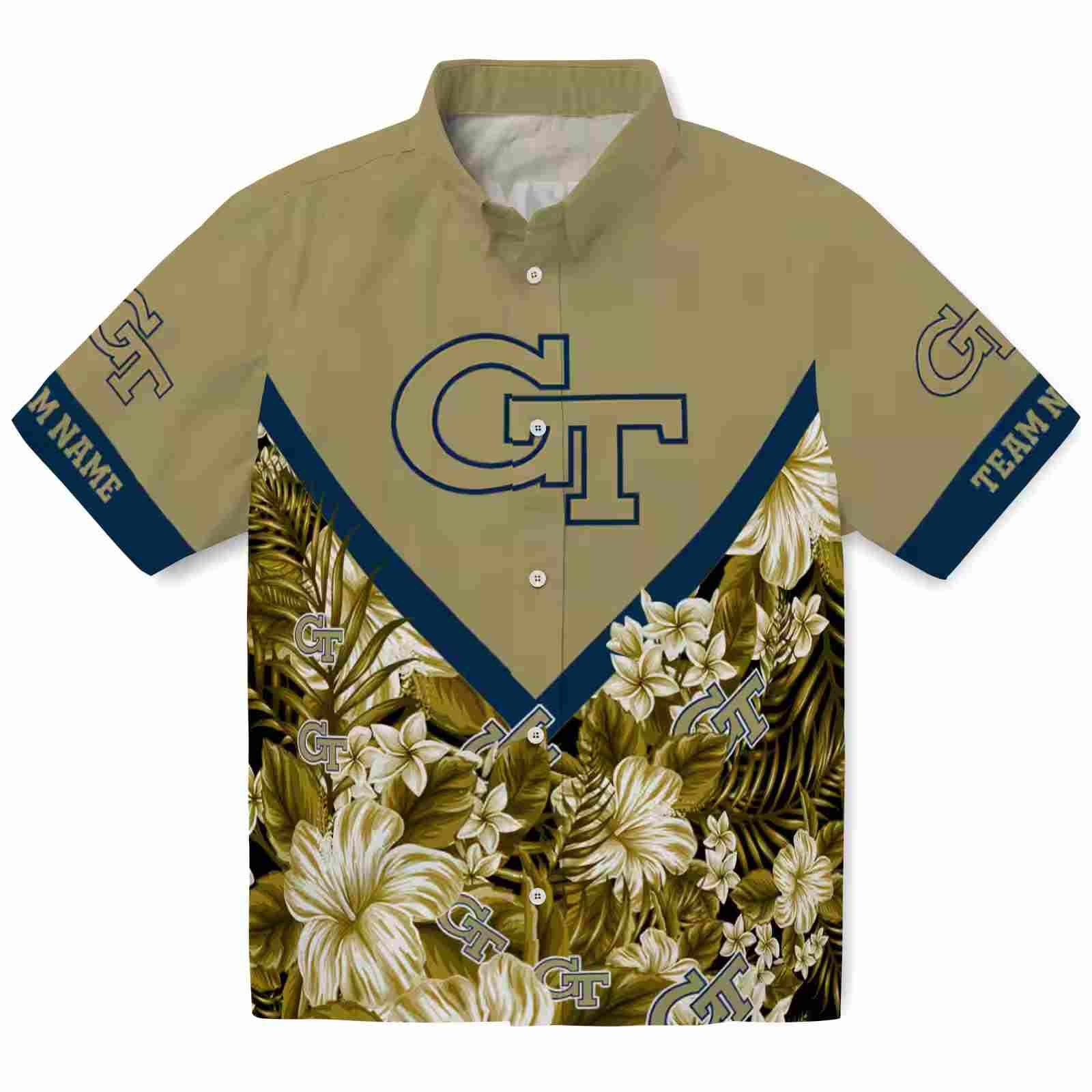 Personalized Georgia Tech Yellow Jackets Floral Chevron Gold Hawaiian Shirt