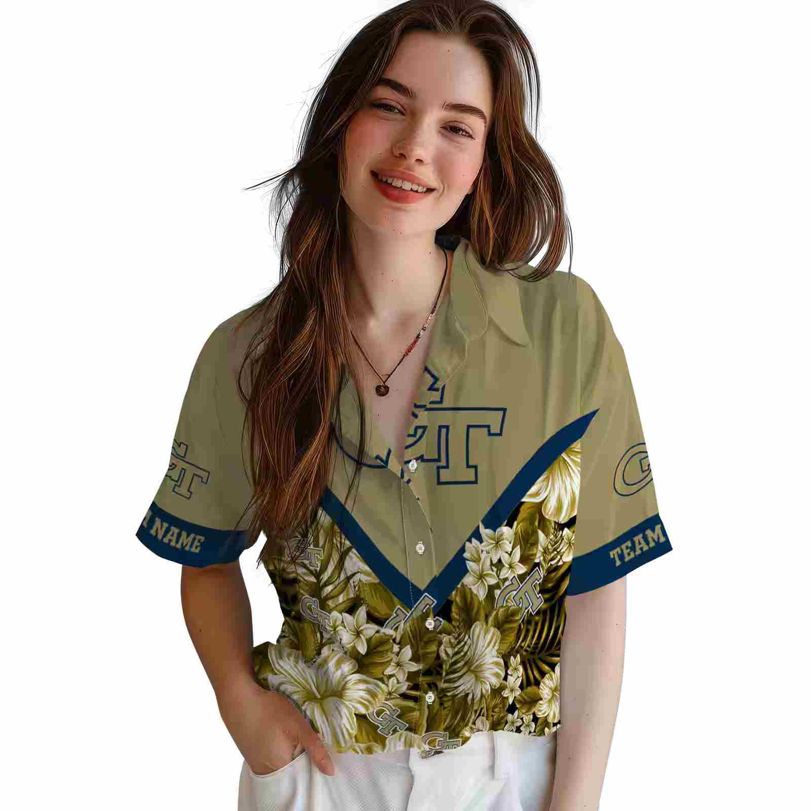 personalized georgia tech yellow jackets floral chevron gold hawaiian shirt latest model