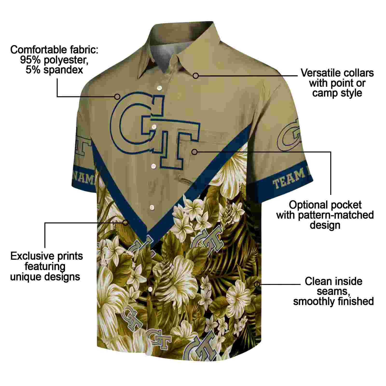 personalized georgia tech yellow jackets floral chevron gold hawaiian shirt new arrival