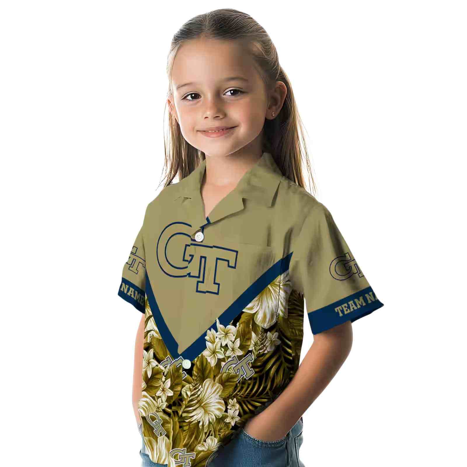 personalized georgia tech yellow jackets floral chevron gold hawaiian shirt premium grade