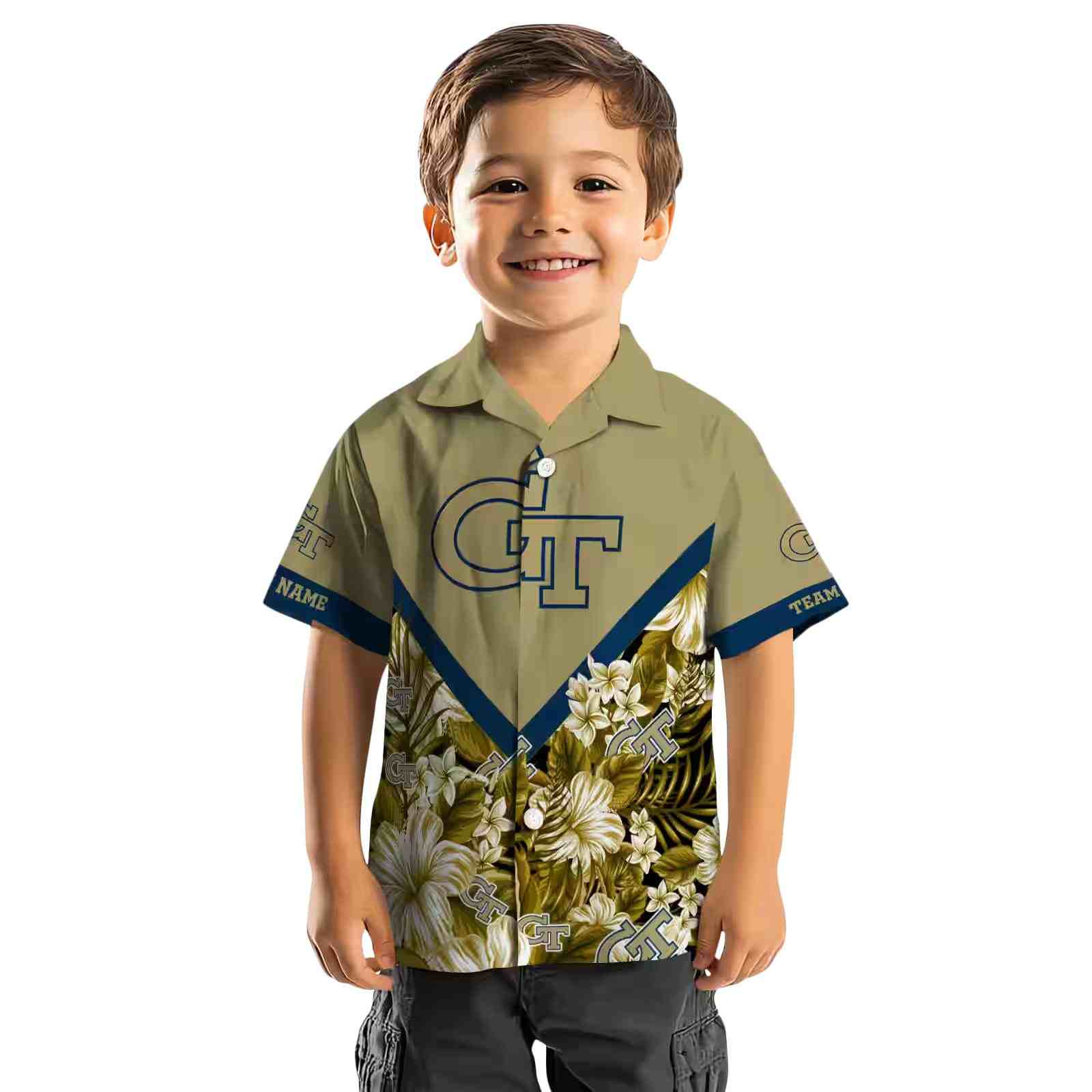 personalized georgia tech yellow jackets floral chevron gold hawaiian shirt top rated